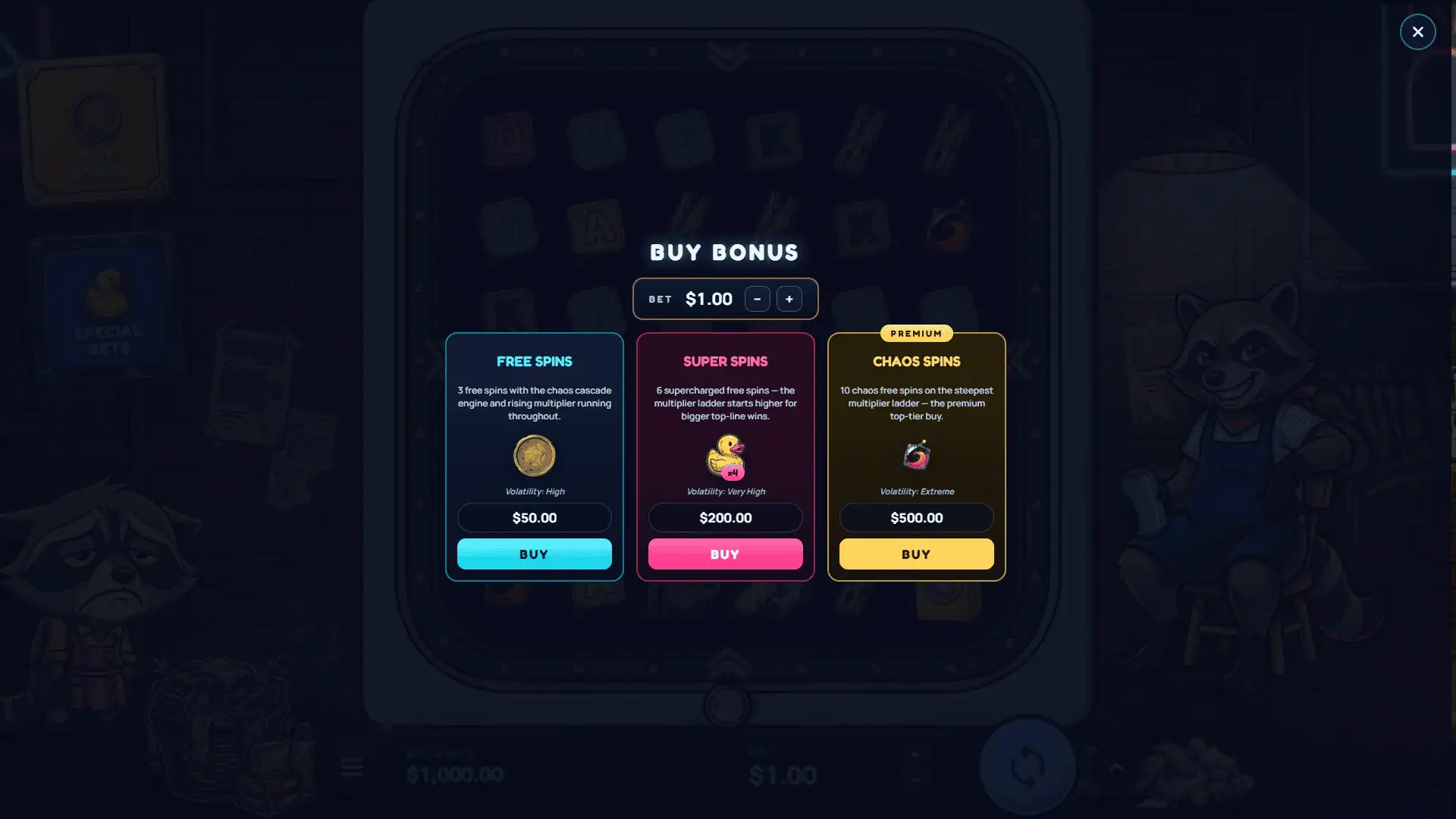 Spin Cycle bonus buy menu