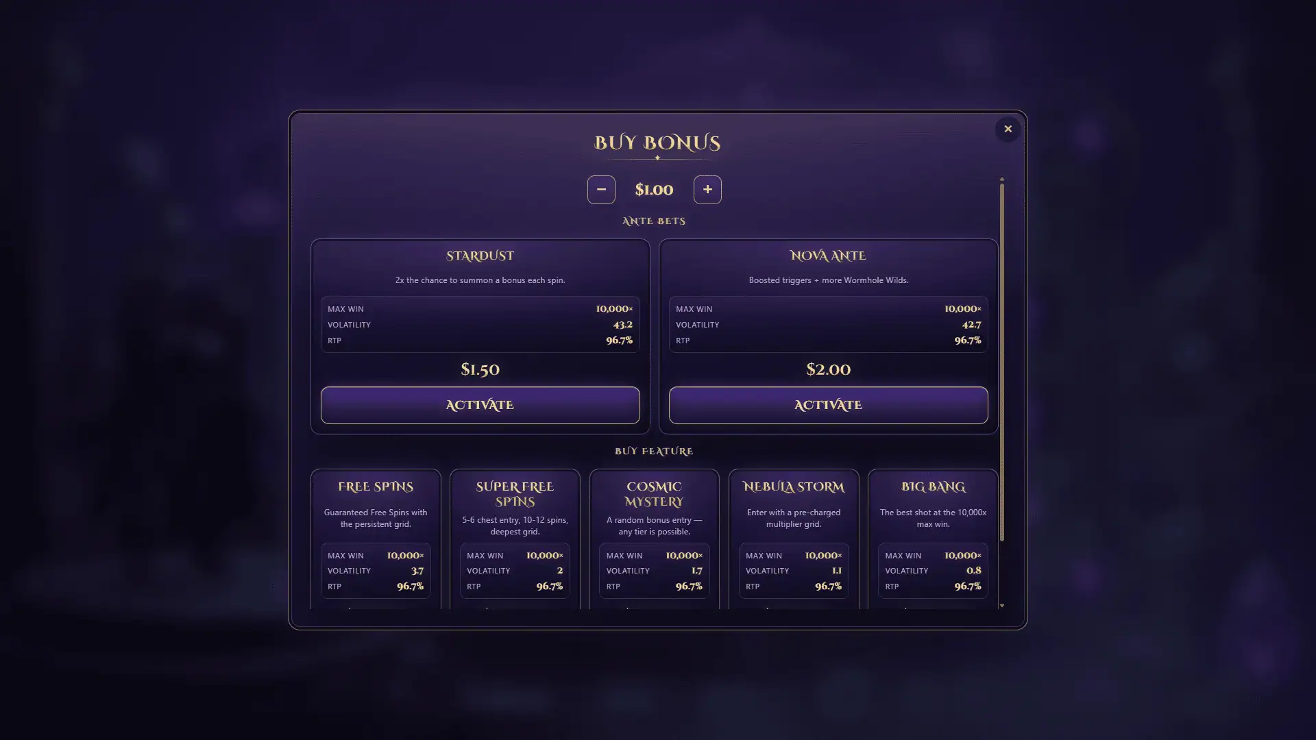 Celestia bonus buy menu