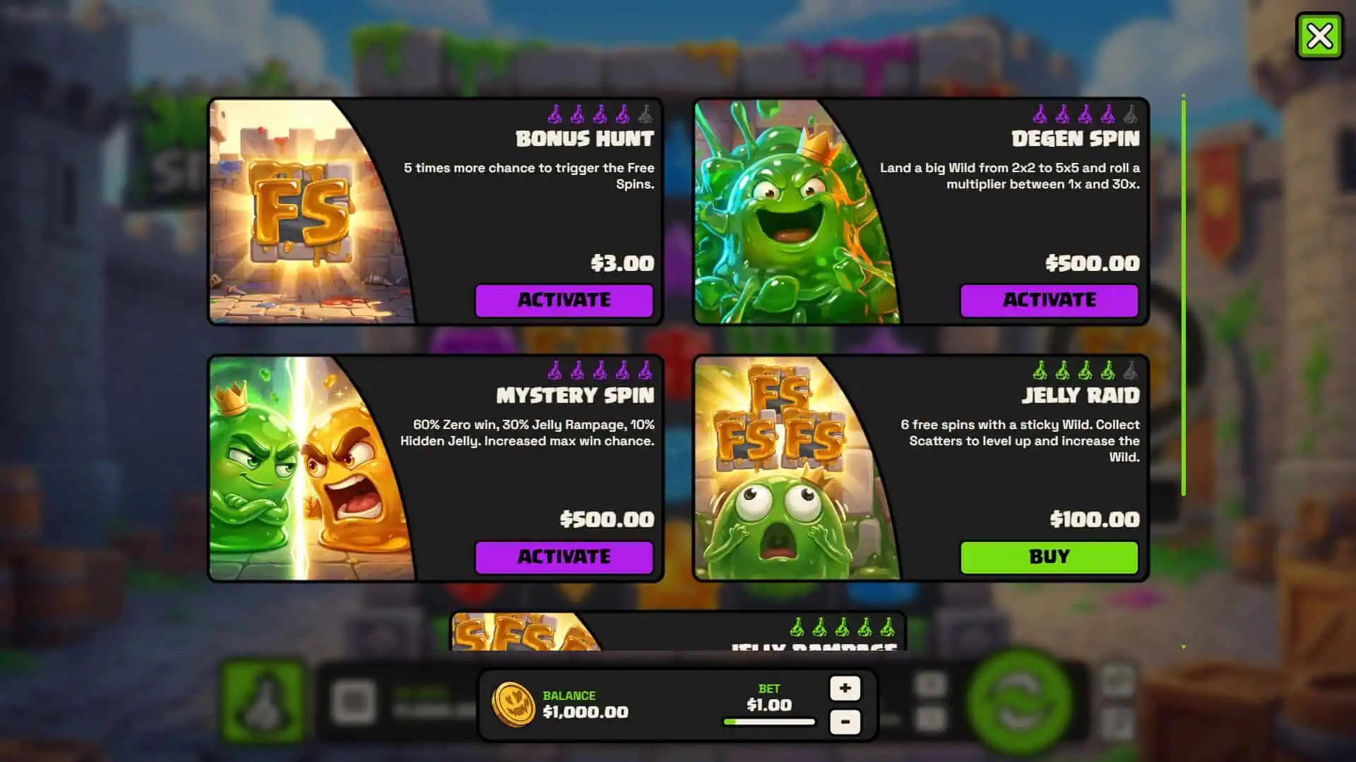 Jelly Siege bonus buy menu