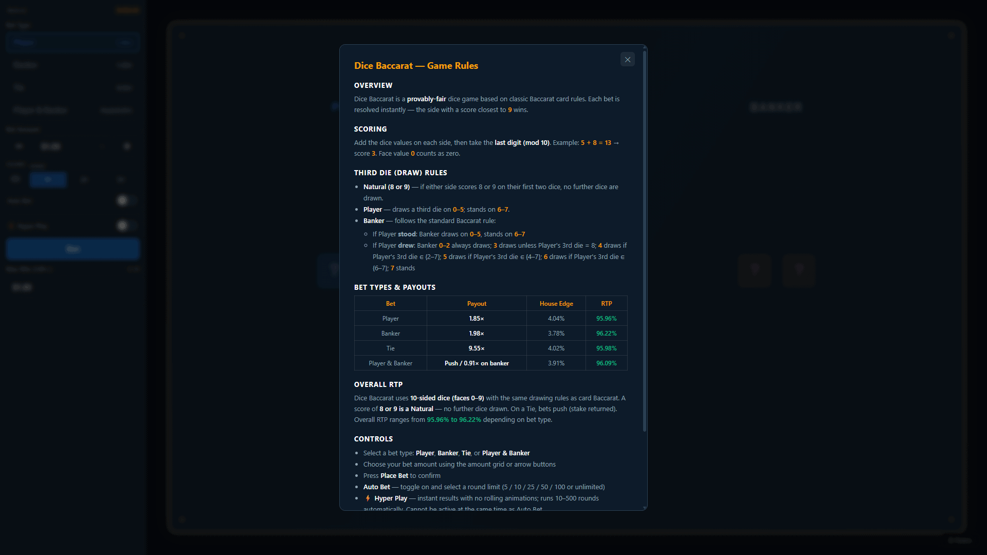 Dice Baccarat bonus buy menu