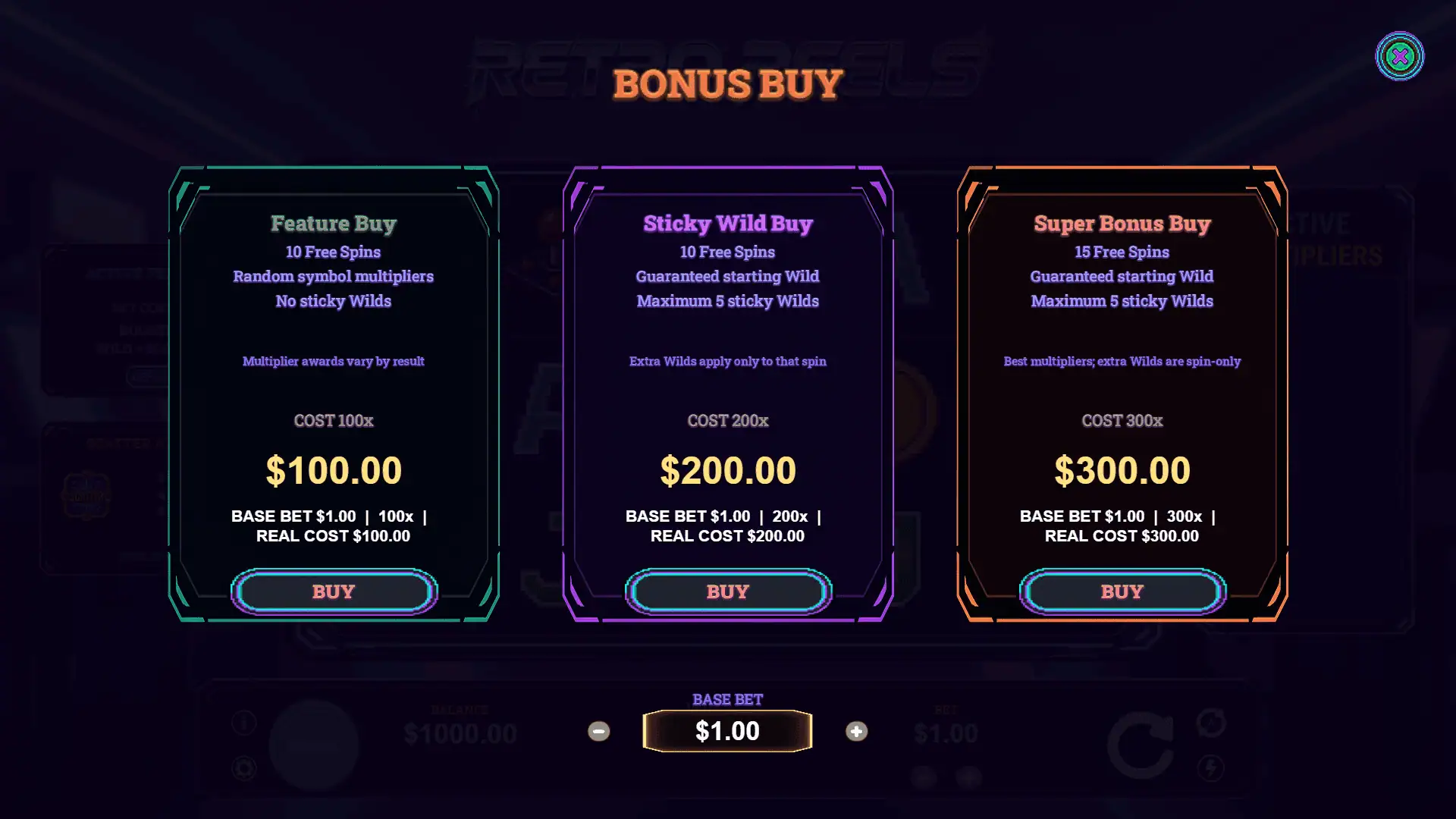 Retro Reels bonus buy menu