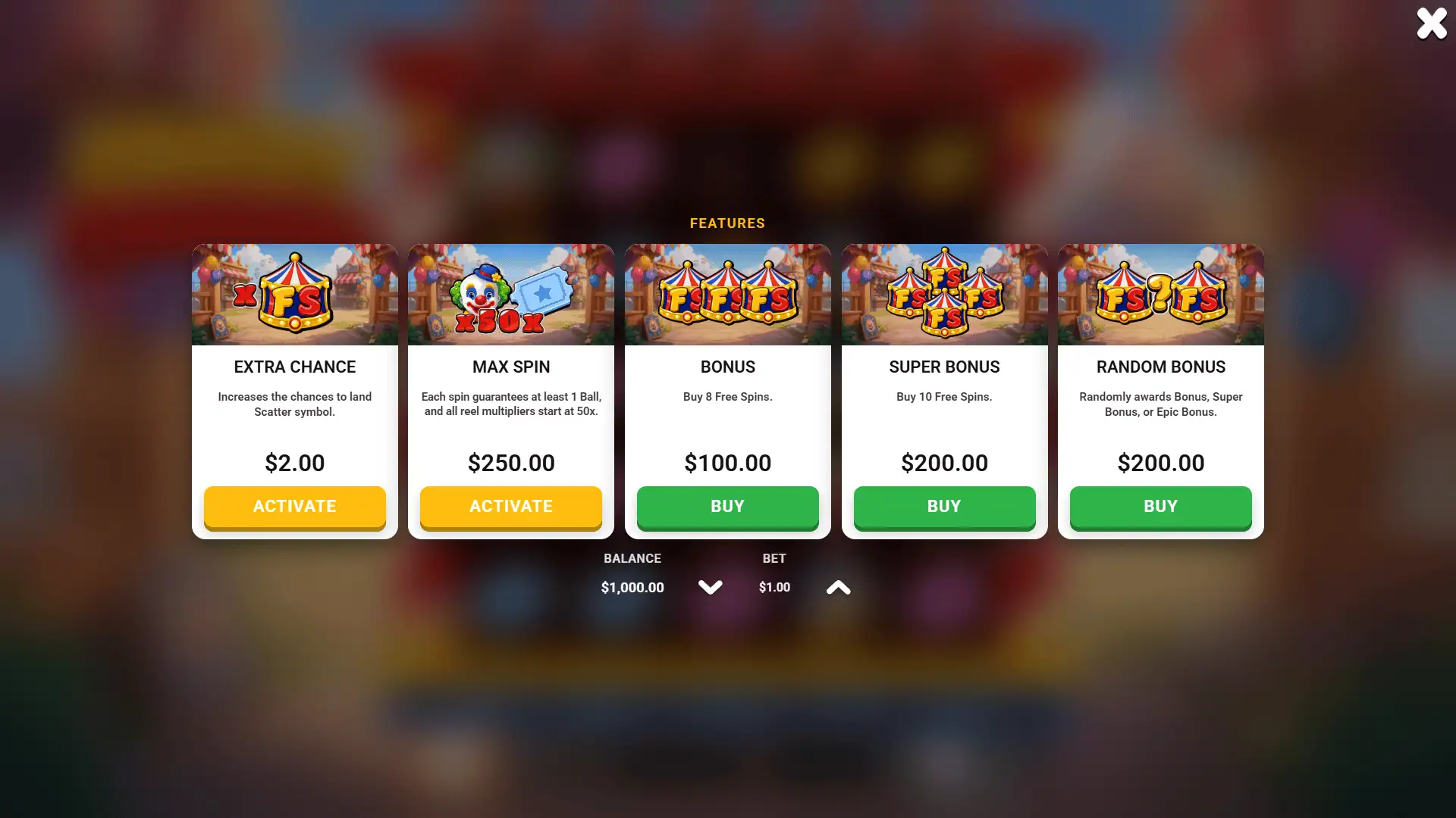Crazy Carnival bonus buy menu
