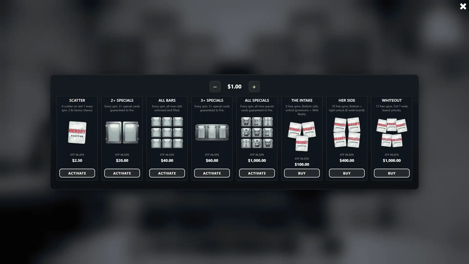 The White Room bonus buy menu