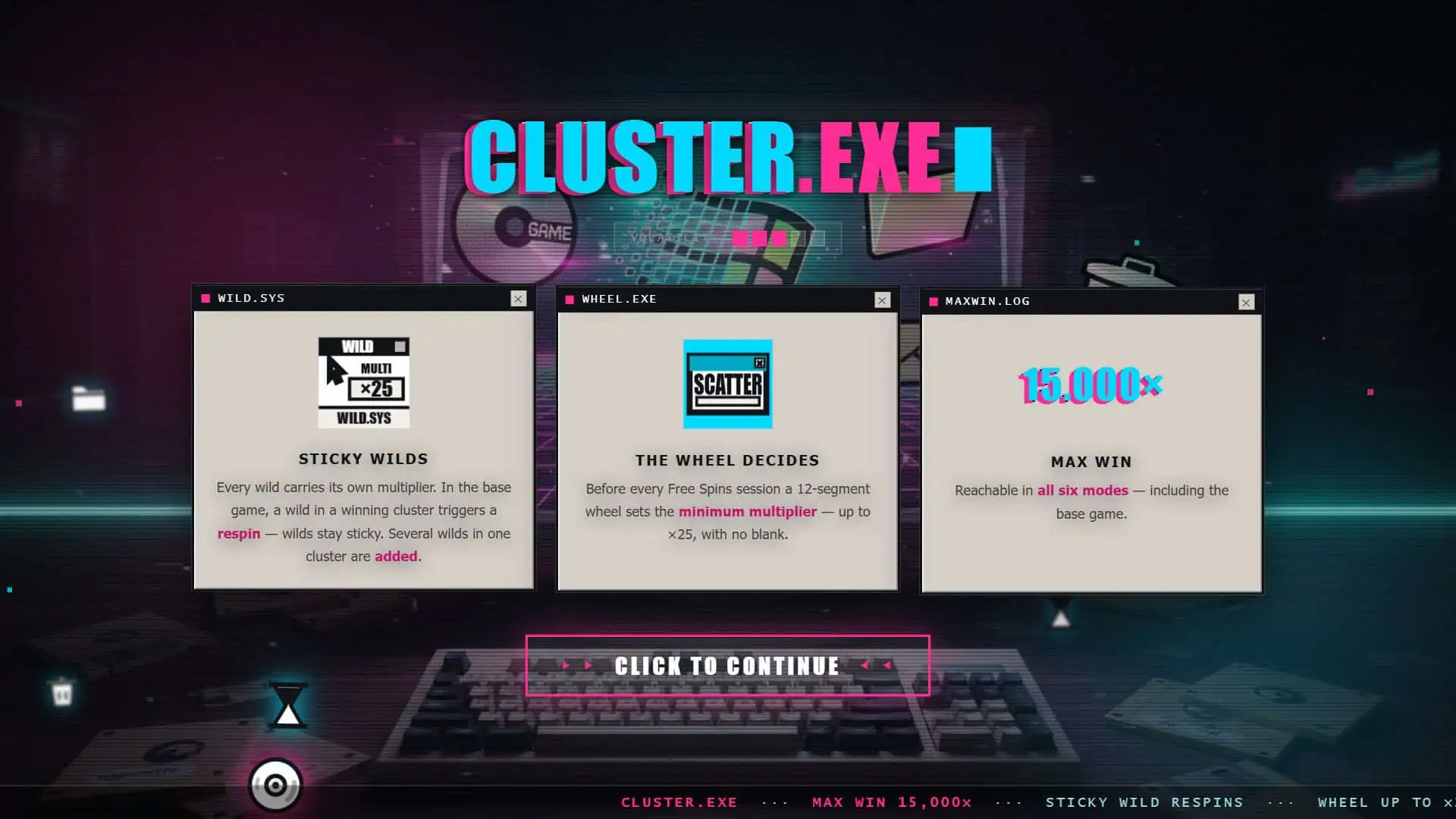 CLUSTER.EXE slot intro screen