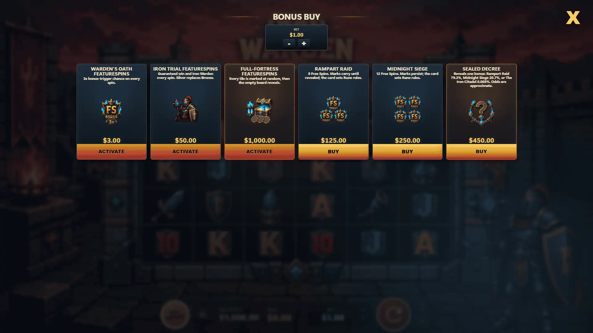 Iron Warden bonus buy menu