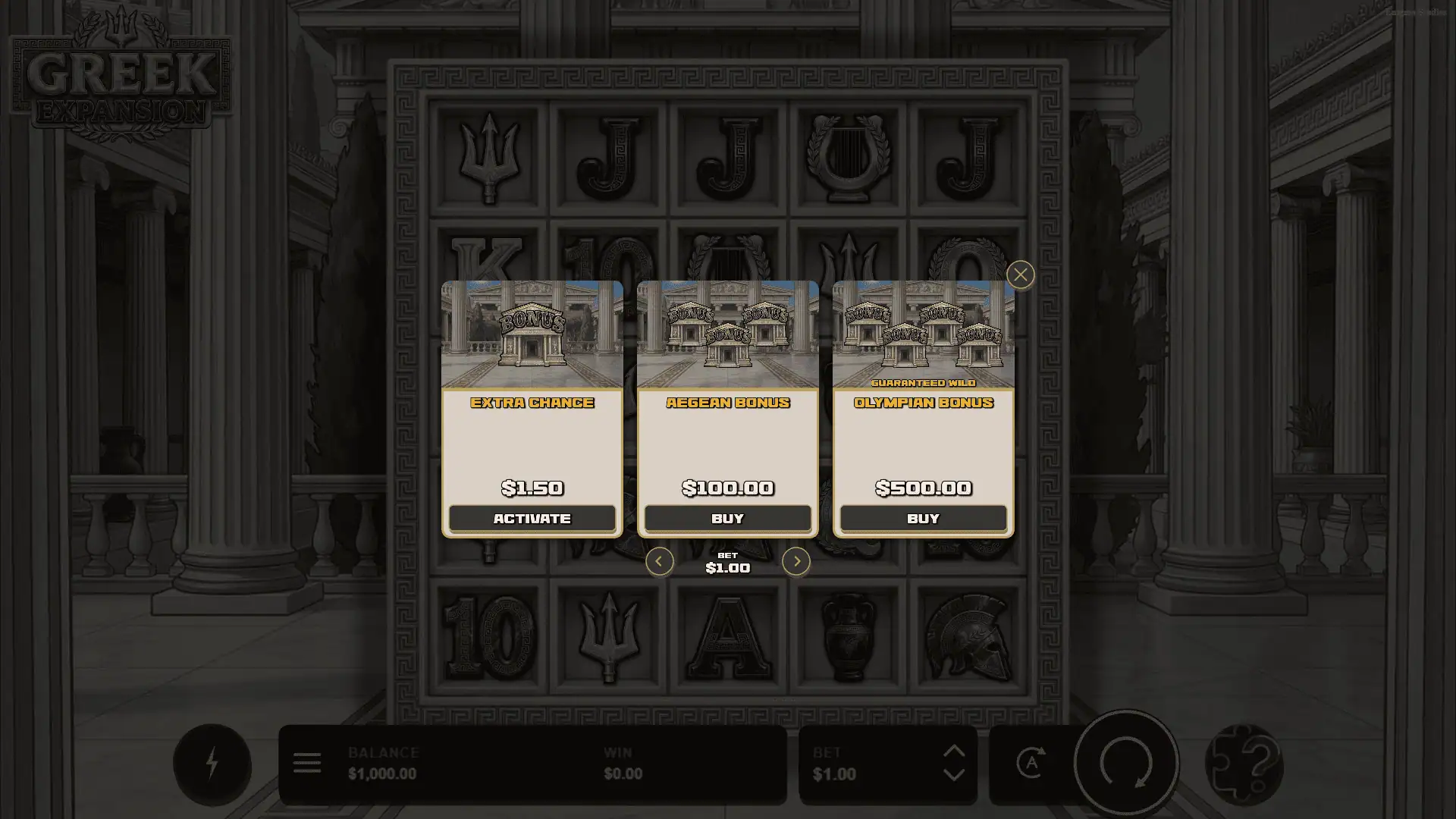 Greek Expansion bonus buy menu