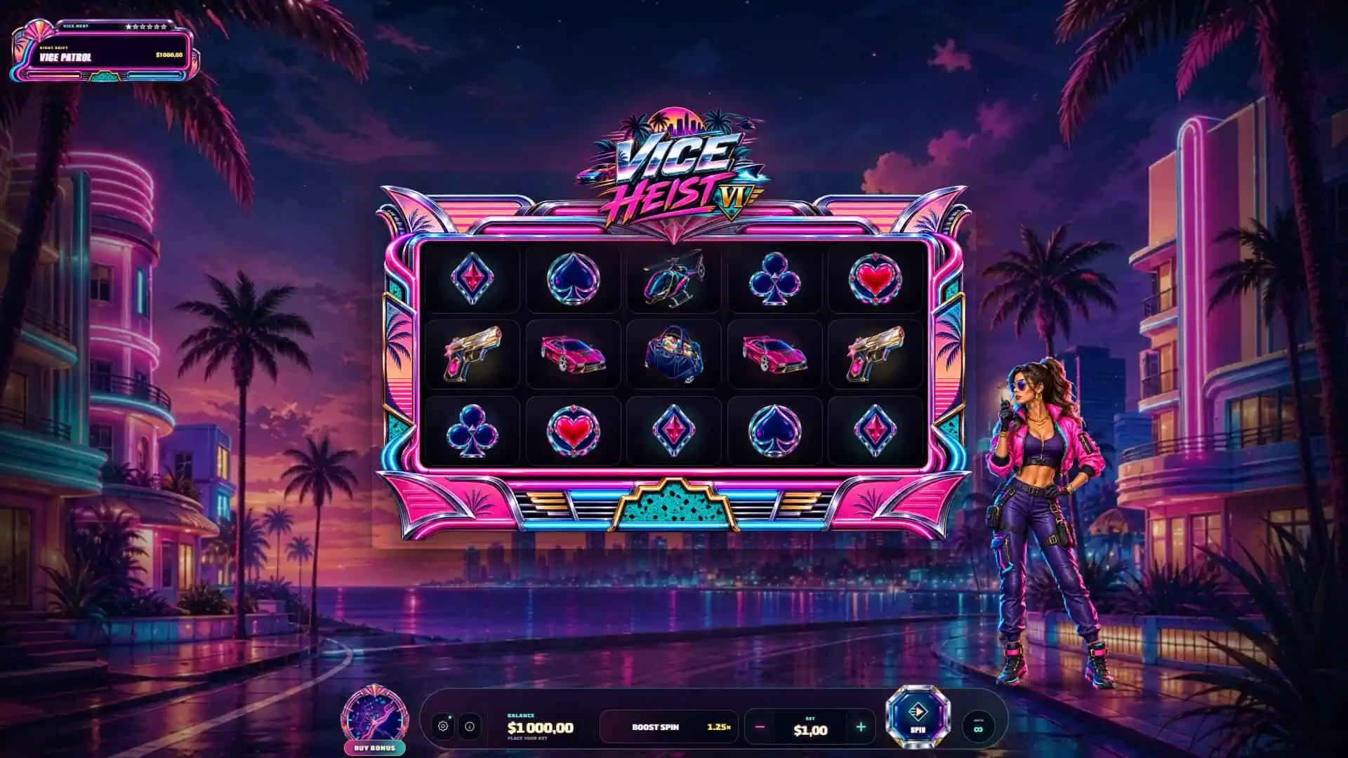 Vice Heist slot gameplay reels