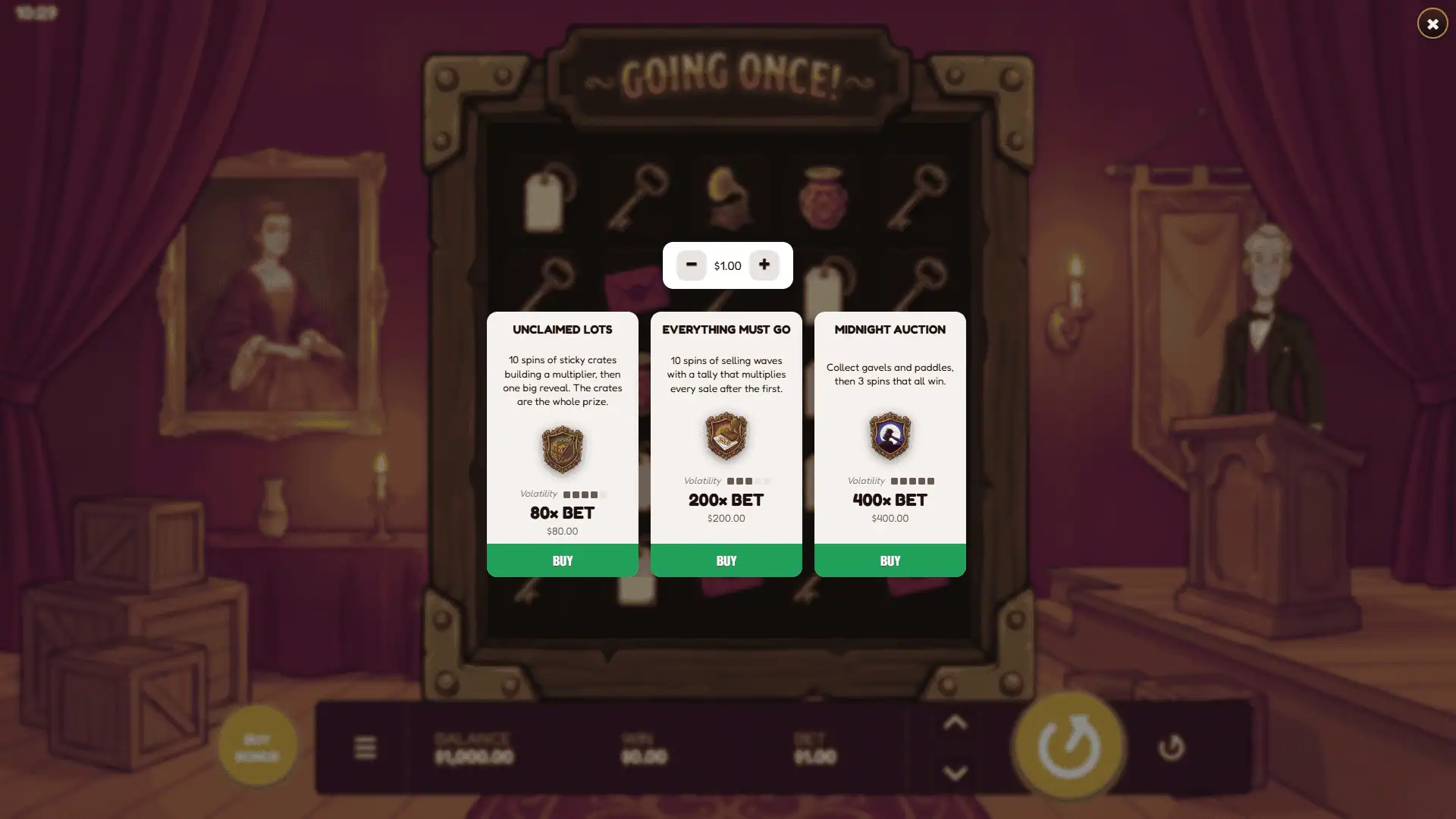 Going Once! bonus buy menu