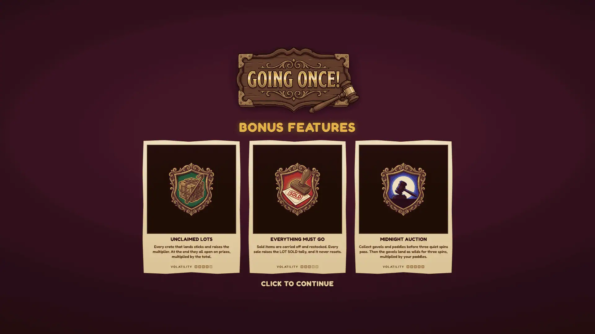 Going Once! slot intro screen