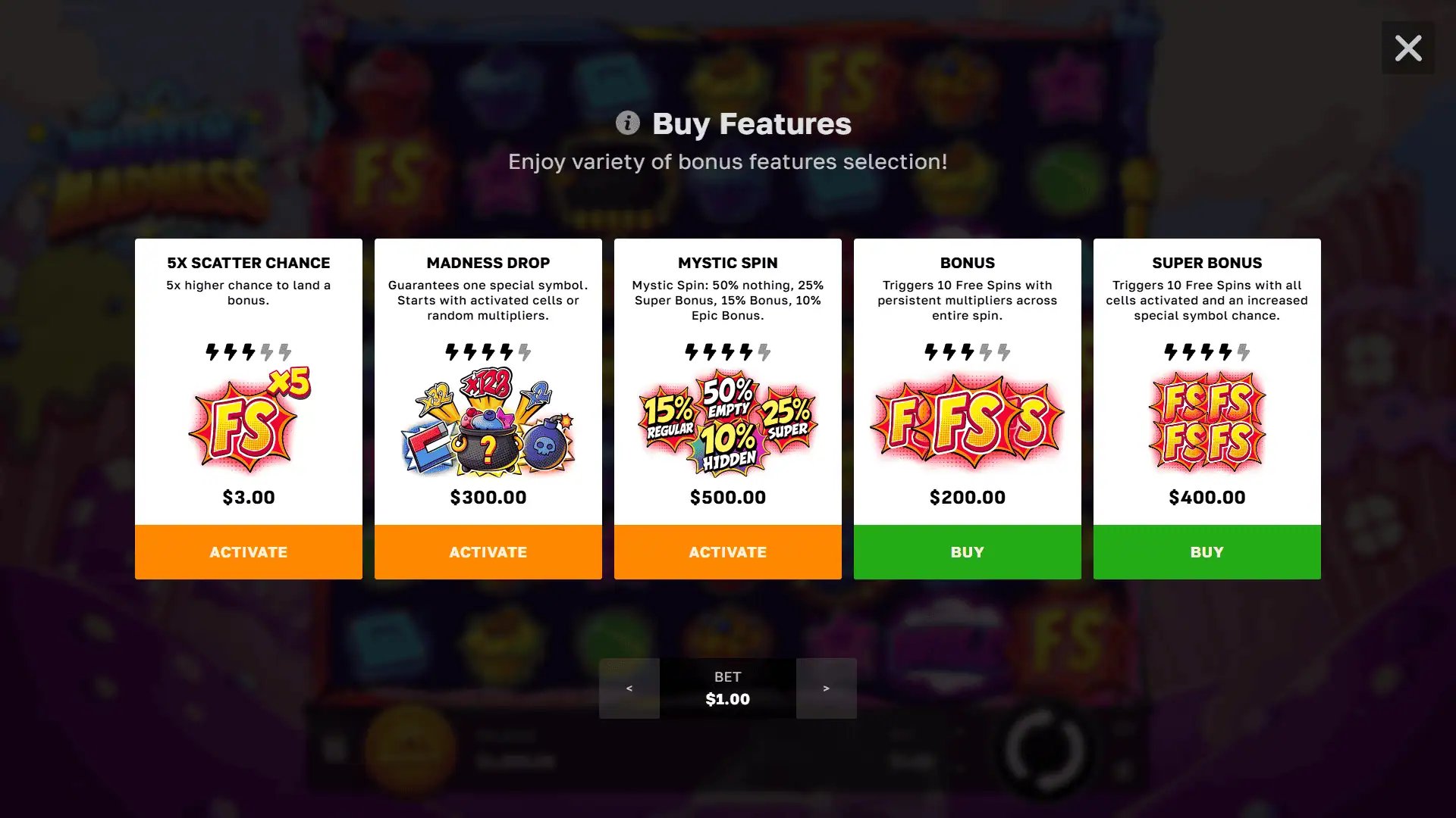 Muffin Madness bonus buy menu