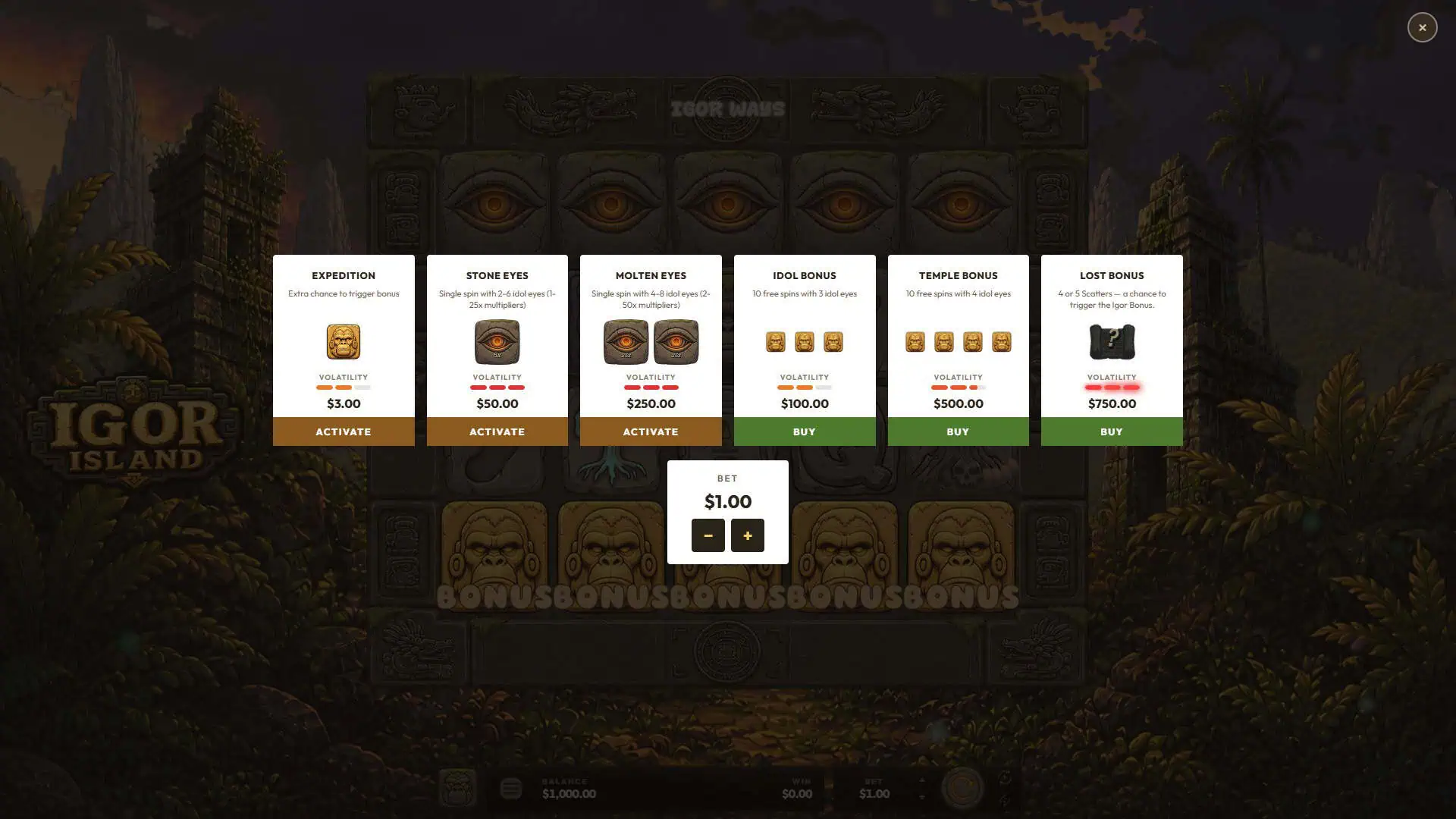 Igor Island bonus buy menu