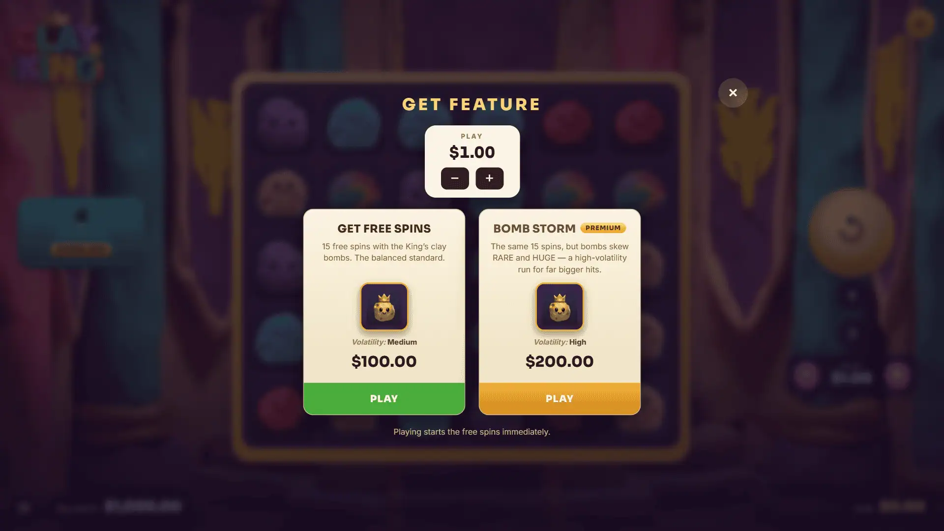 Clay King bonus buy menu
