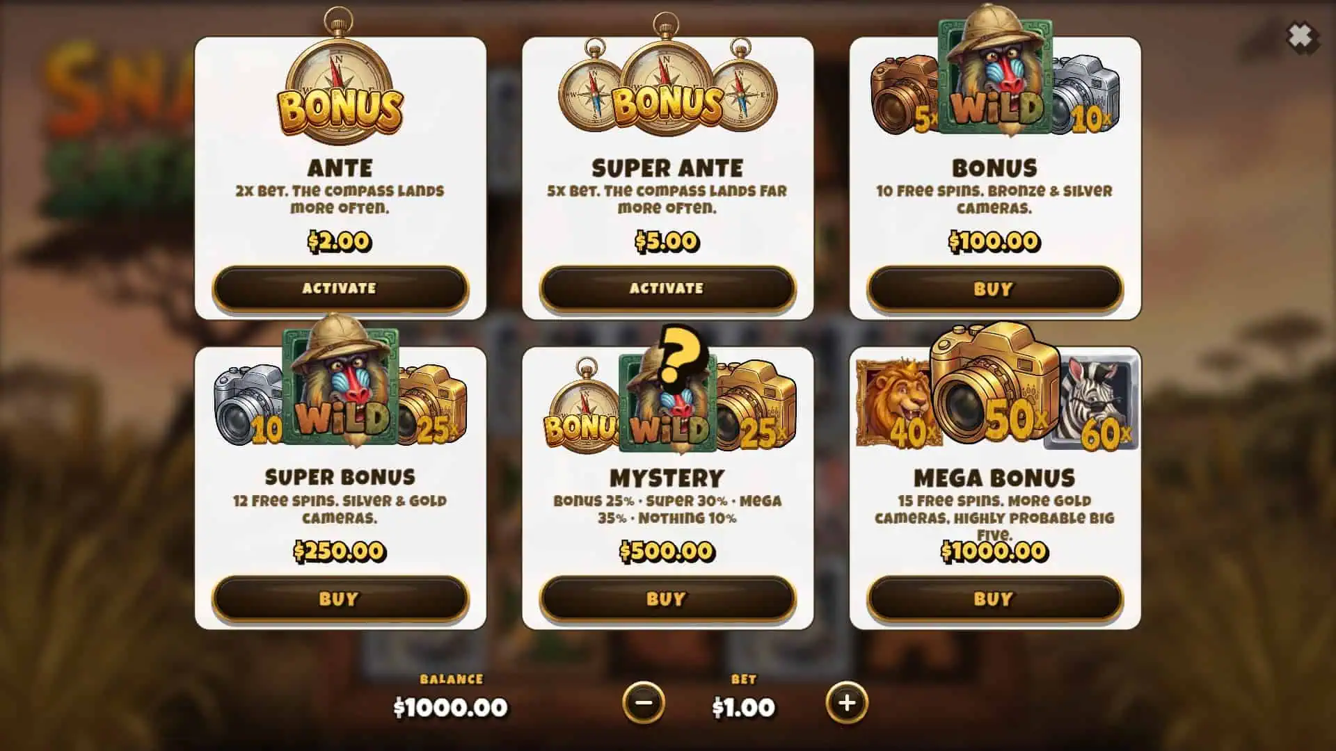 Snap Safari bonus buy menu