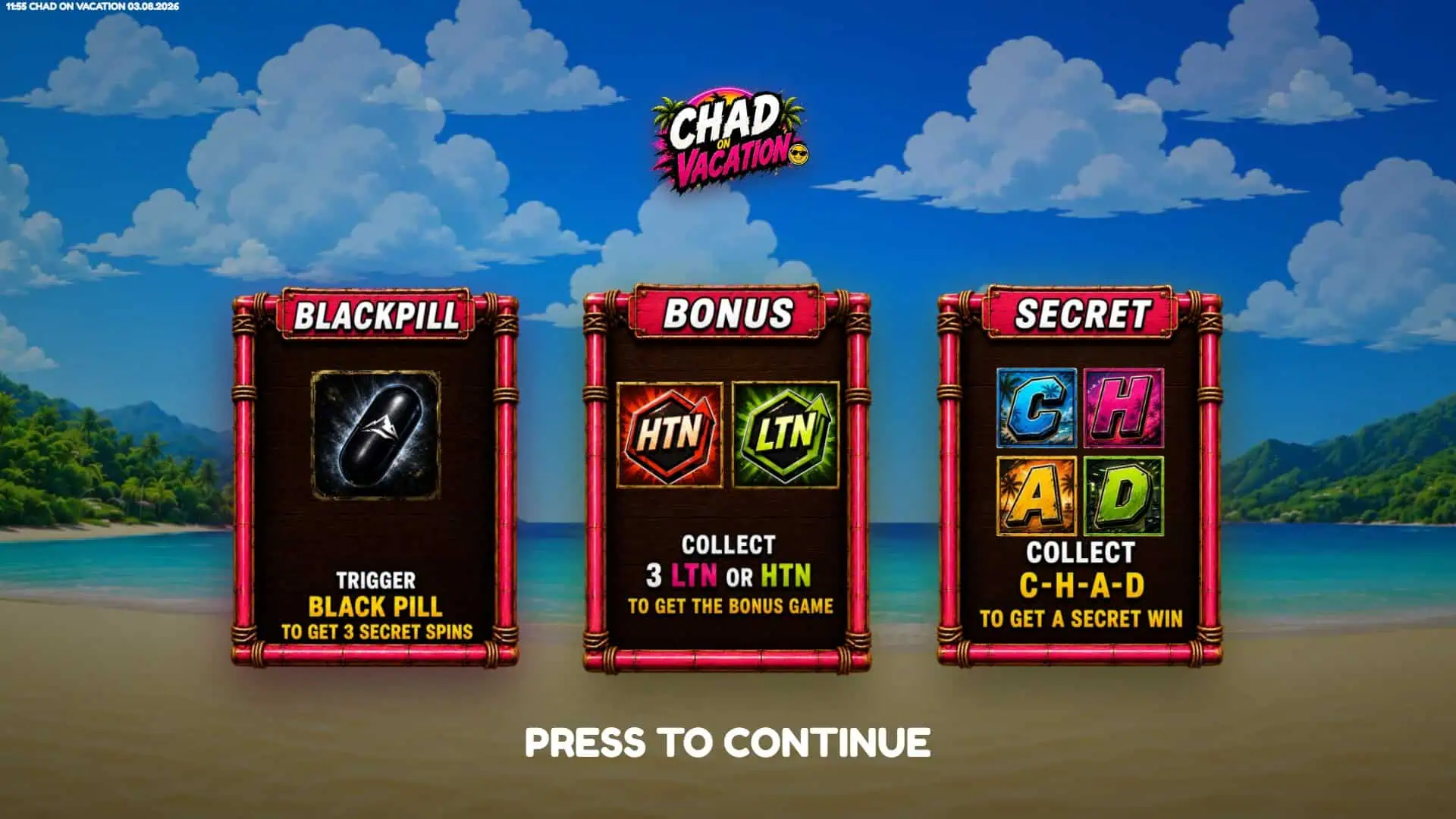 Chad on Vacation slot intro screen