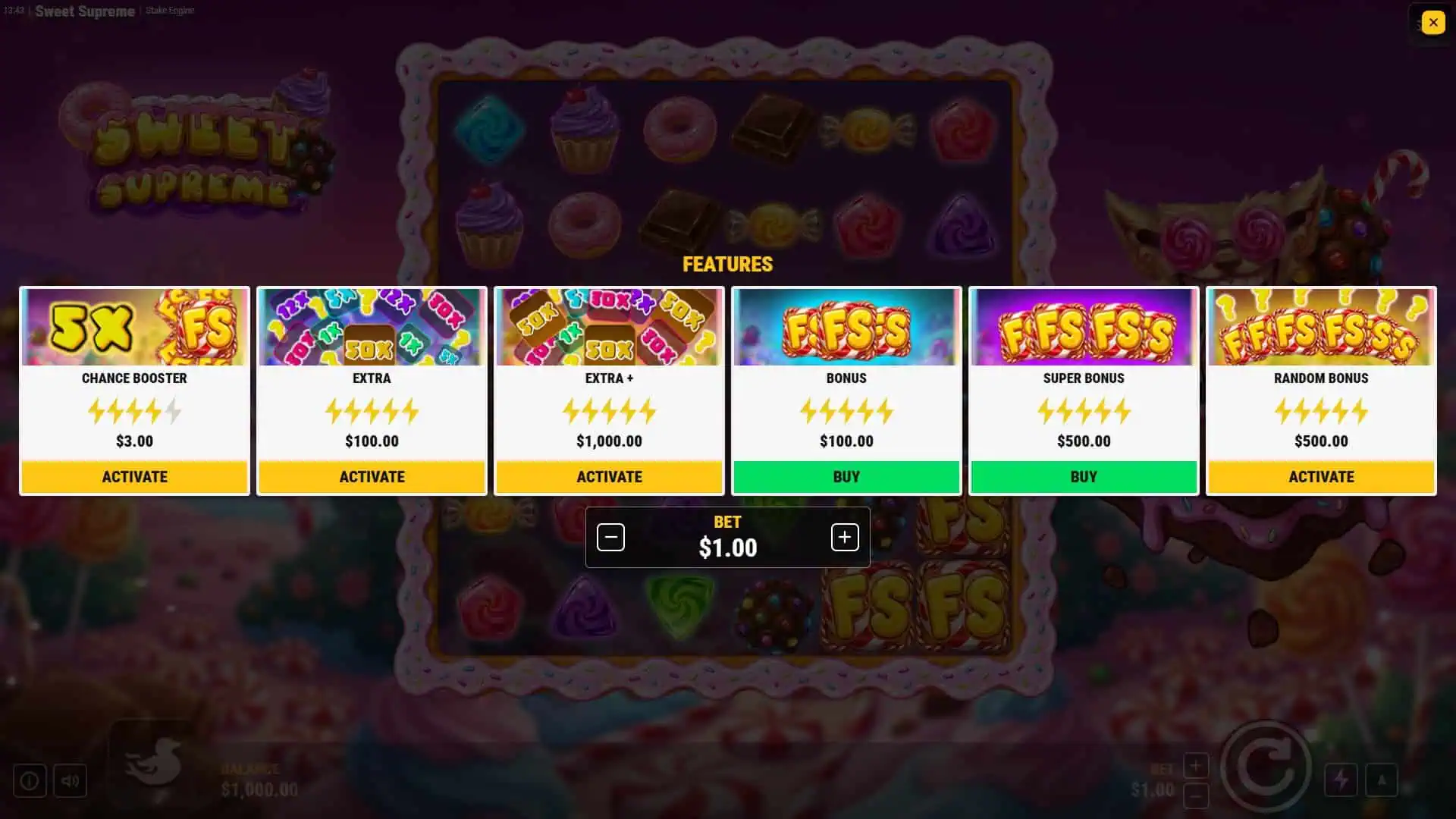 Sweet Supreme bonus buy menu