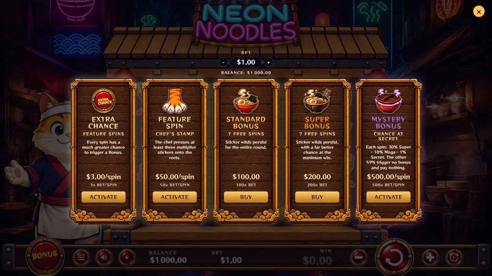 Neon Noodles bonus buy menu