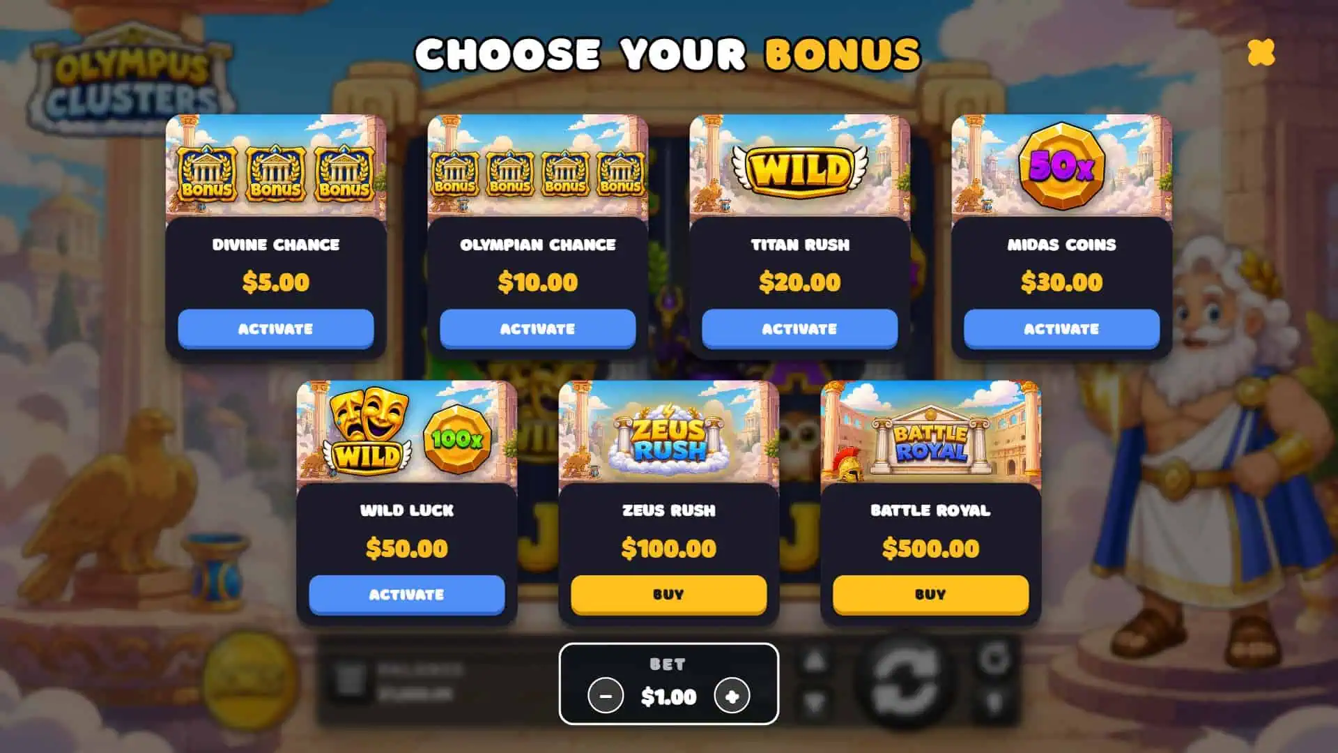 Olympus Clusters bonus buy menu