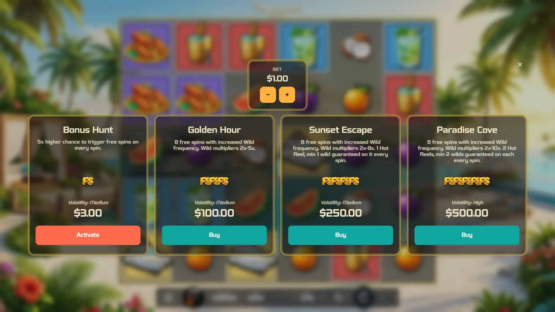 Paradise Cove bonus buy menu