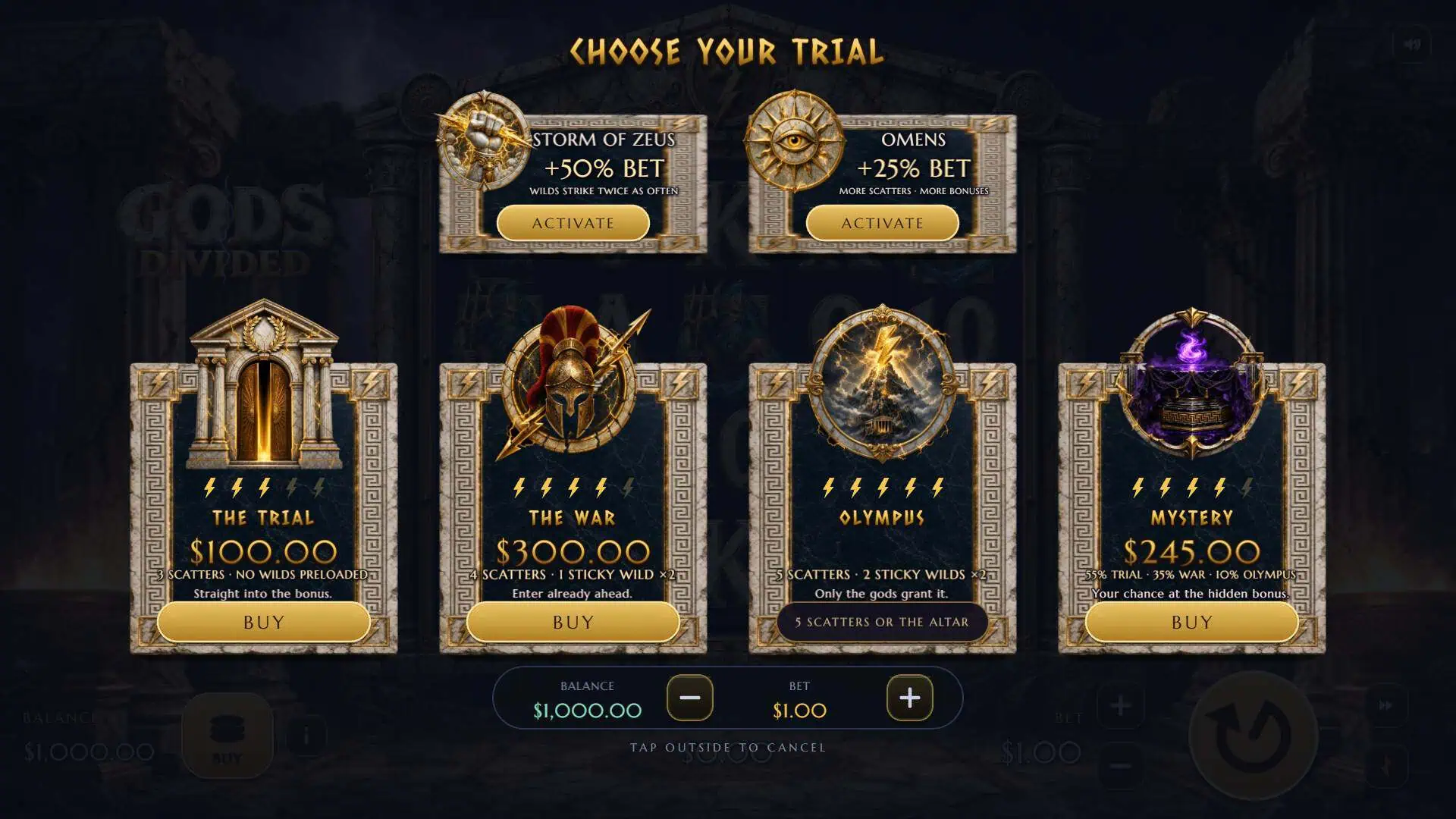 Gods Divided bonus buy menu