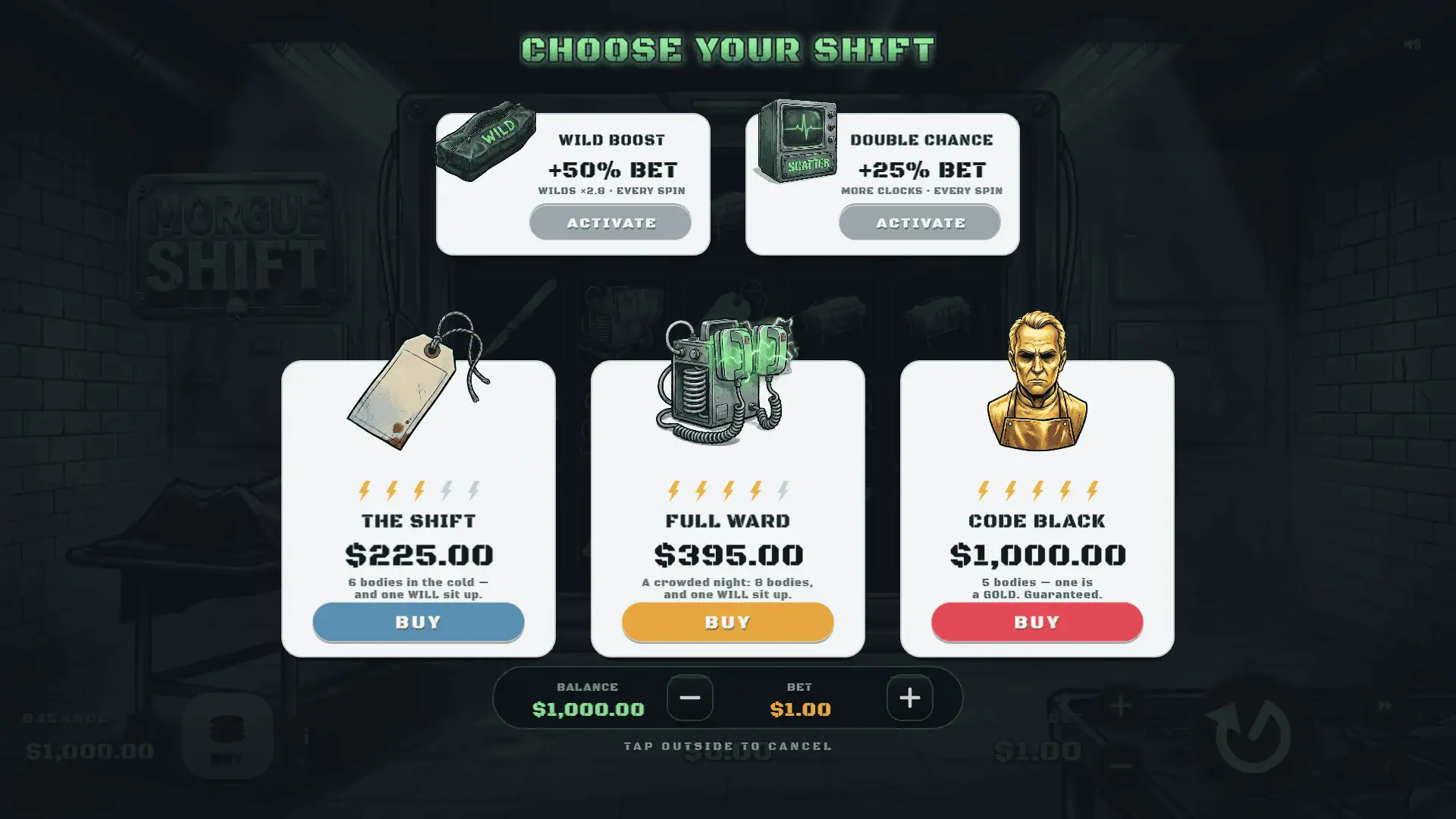 Morgue Shift bonus buy menu