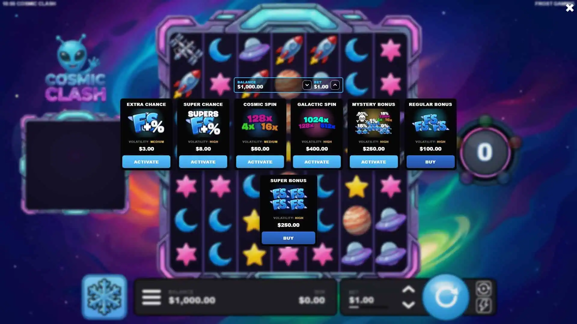 Cosmic Clash bonus buy menu