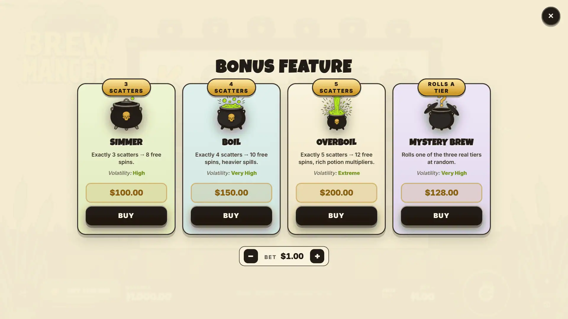 Brew Mancer bonus buy menu