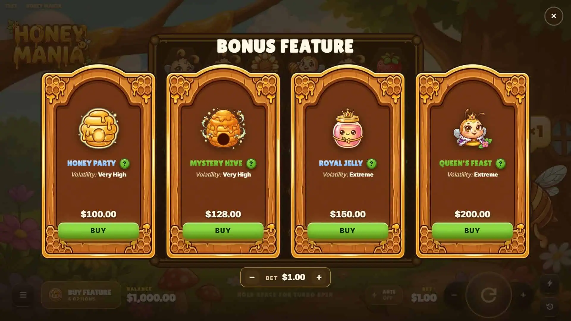 Honey Mania bonus buy menu