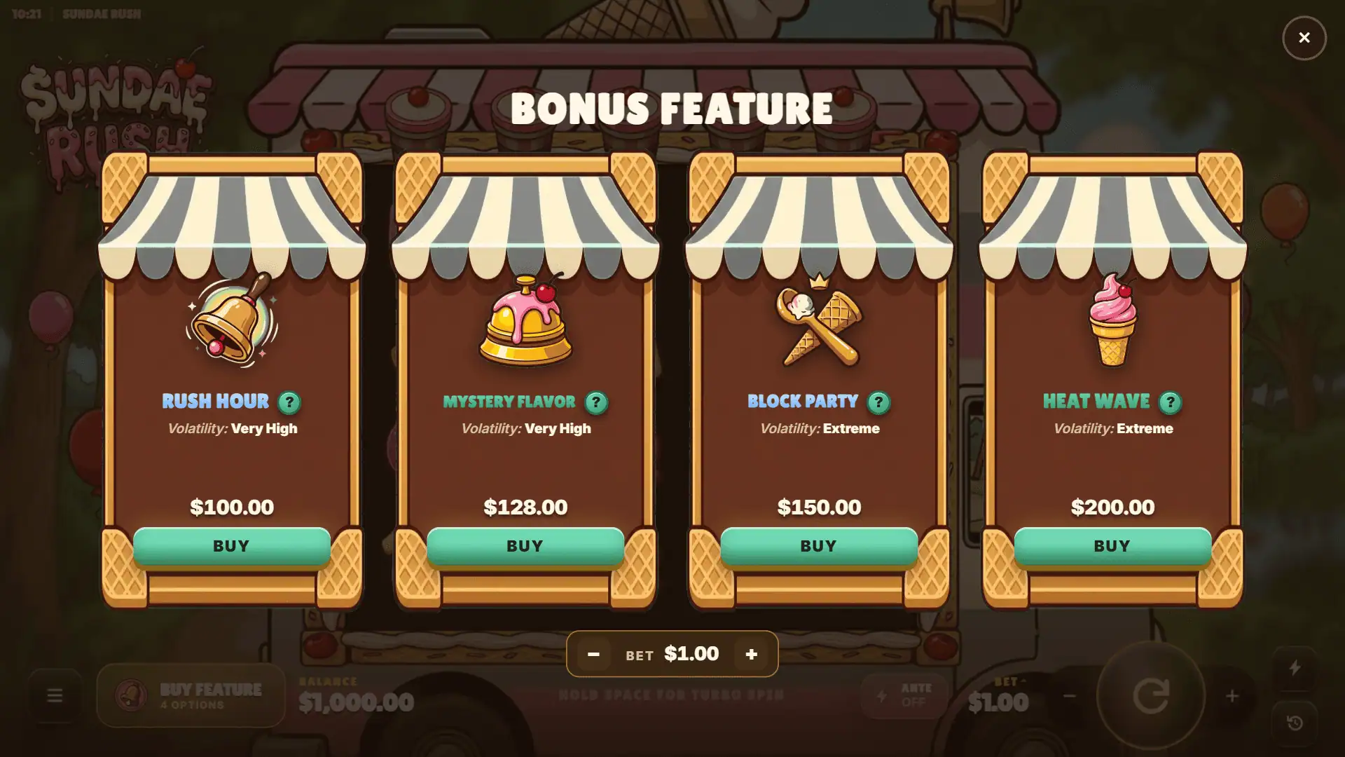 Sundae Rush bonus buy menu