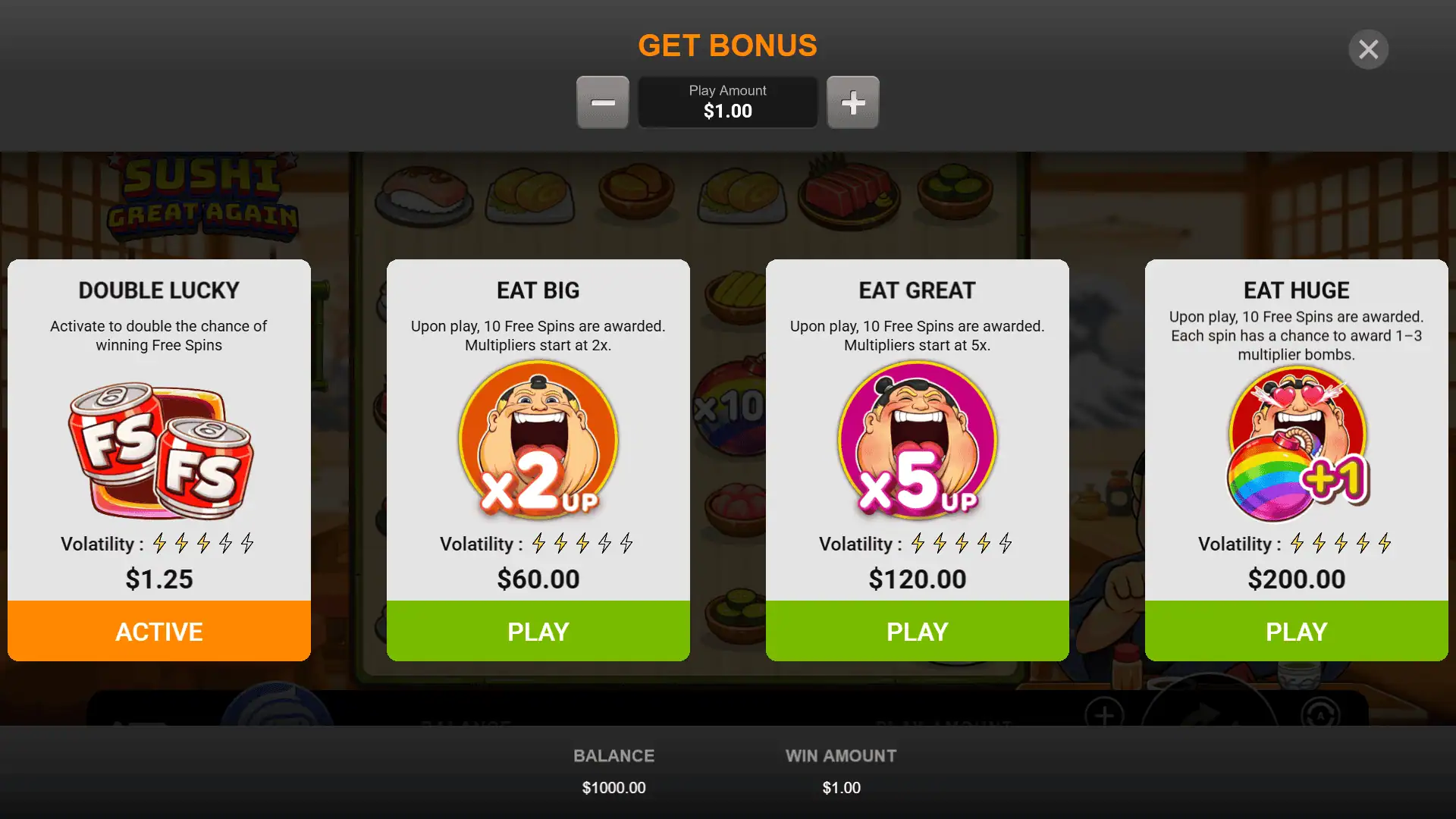 Make Sushi Great Again bonus buy menu