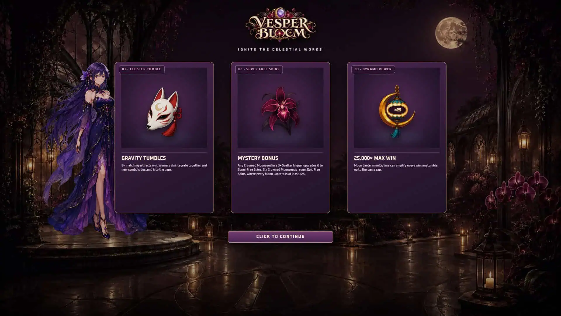 Vesper Bloom slot intro screen