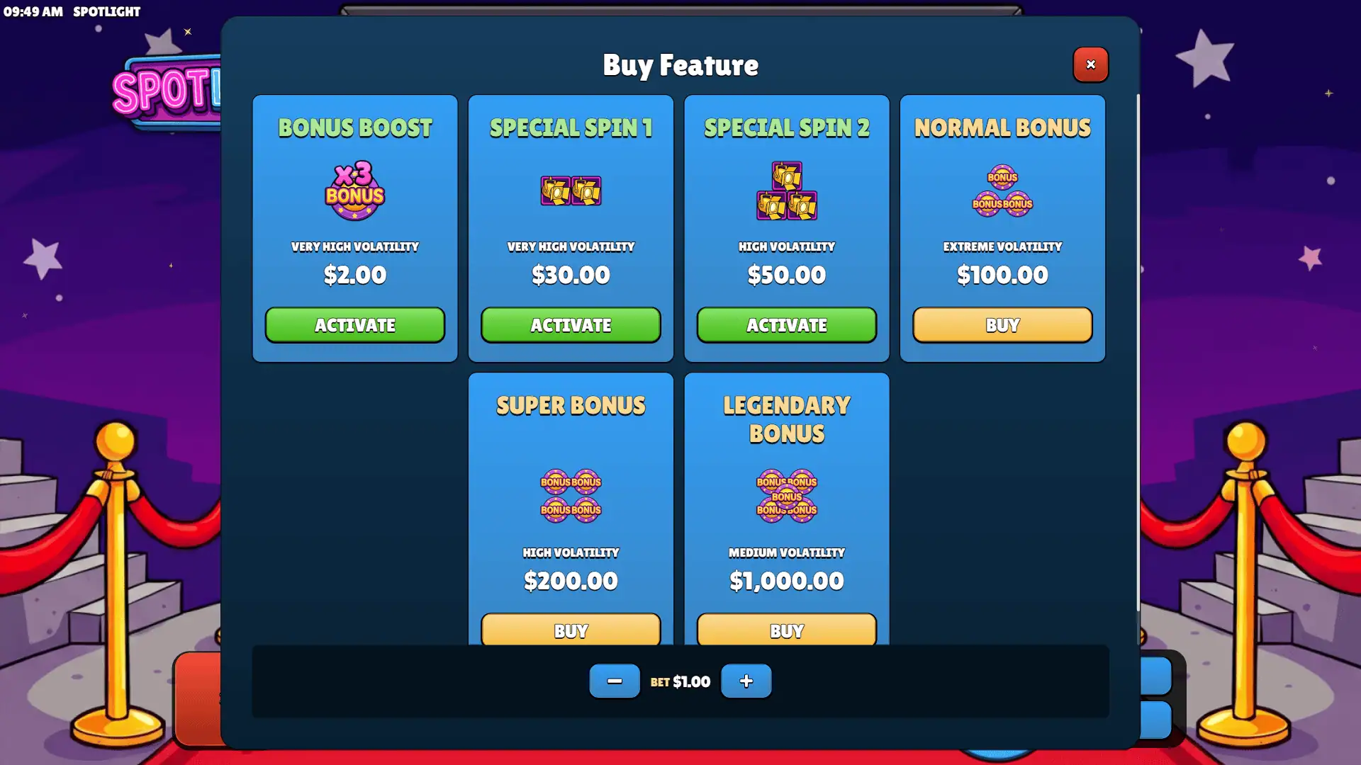 Spotlight bonus buy menu