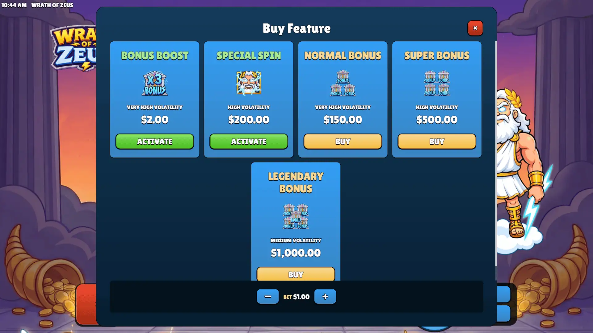 Wrath of Zeus bonus buy menu