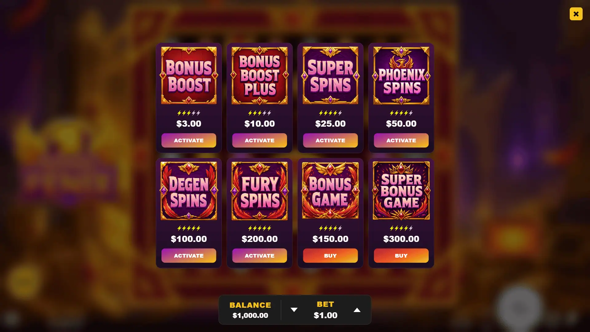 Royal Fenix bonus buy menu