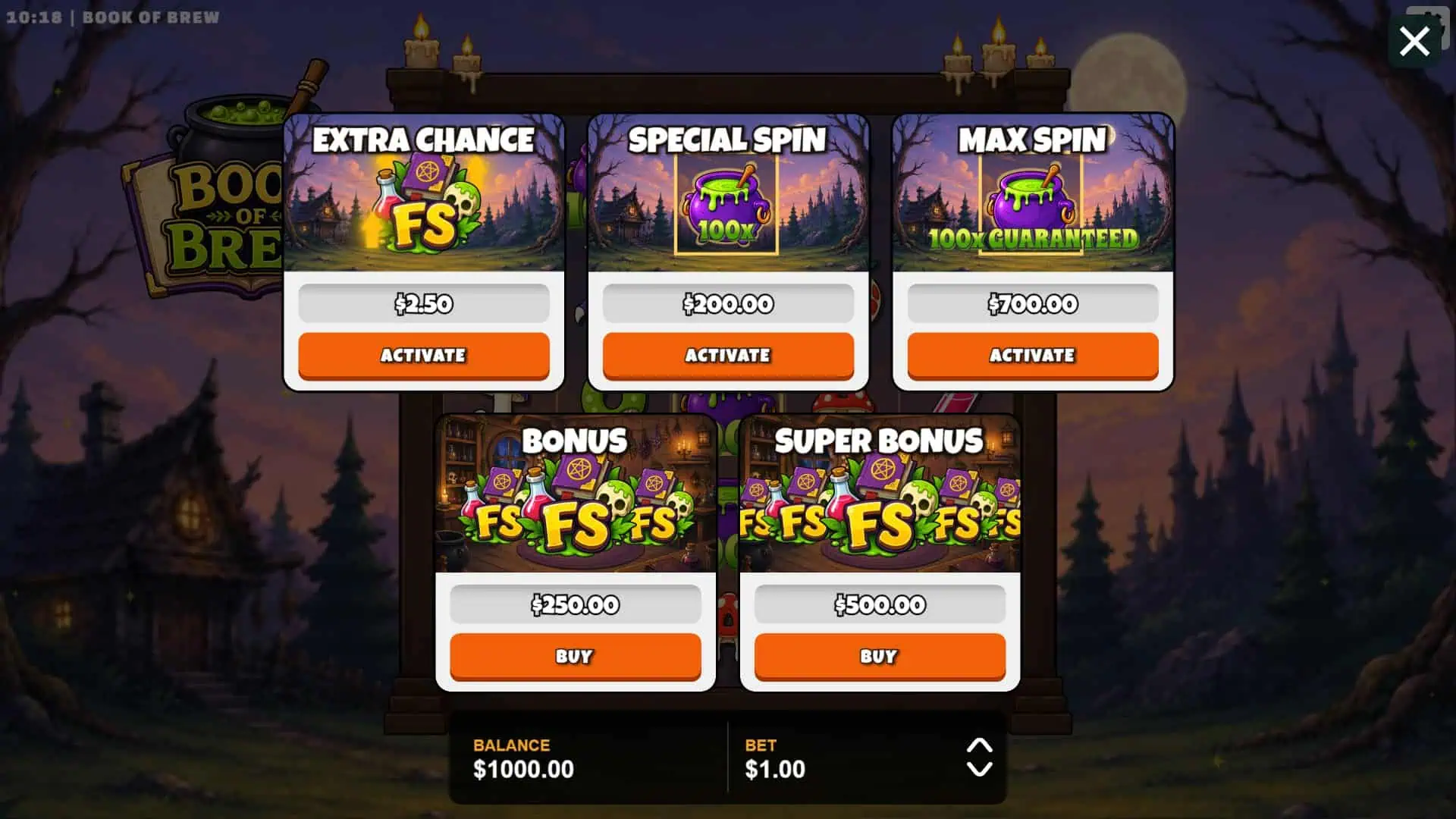 Book of Brew bonus buy menu