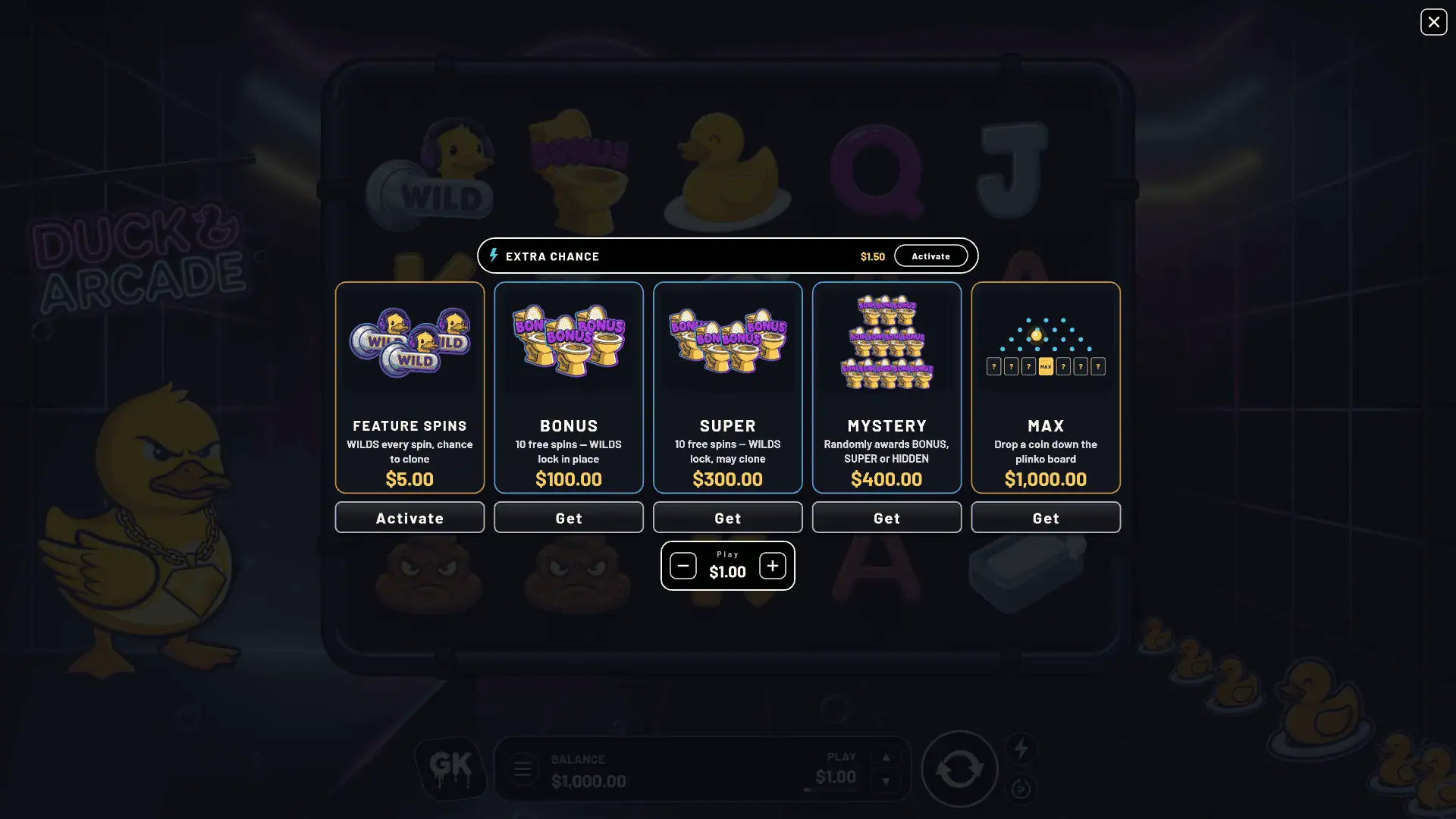 Duck Arcade bonus buy menu