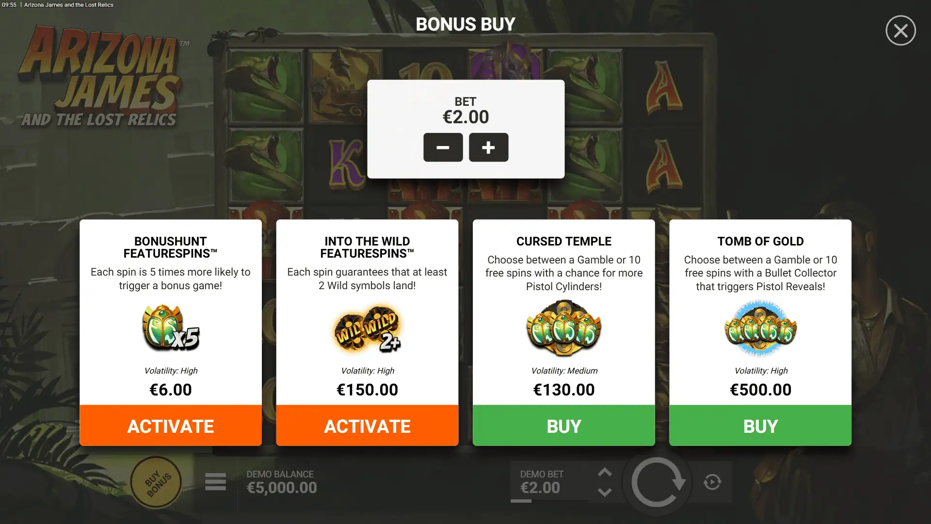 Arizona James and the Lost Relics bonus buy menu