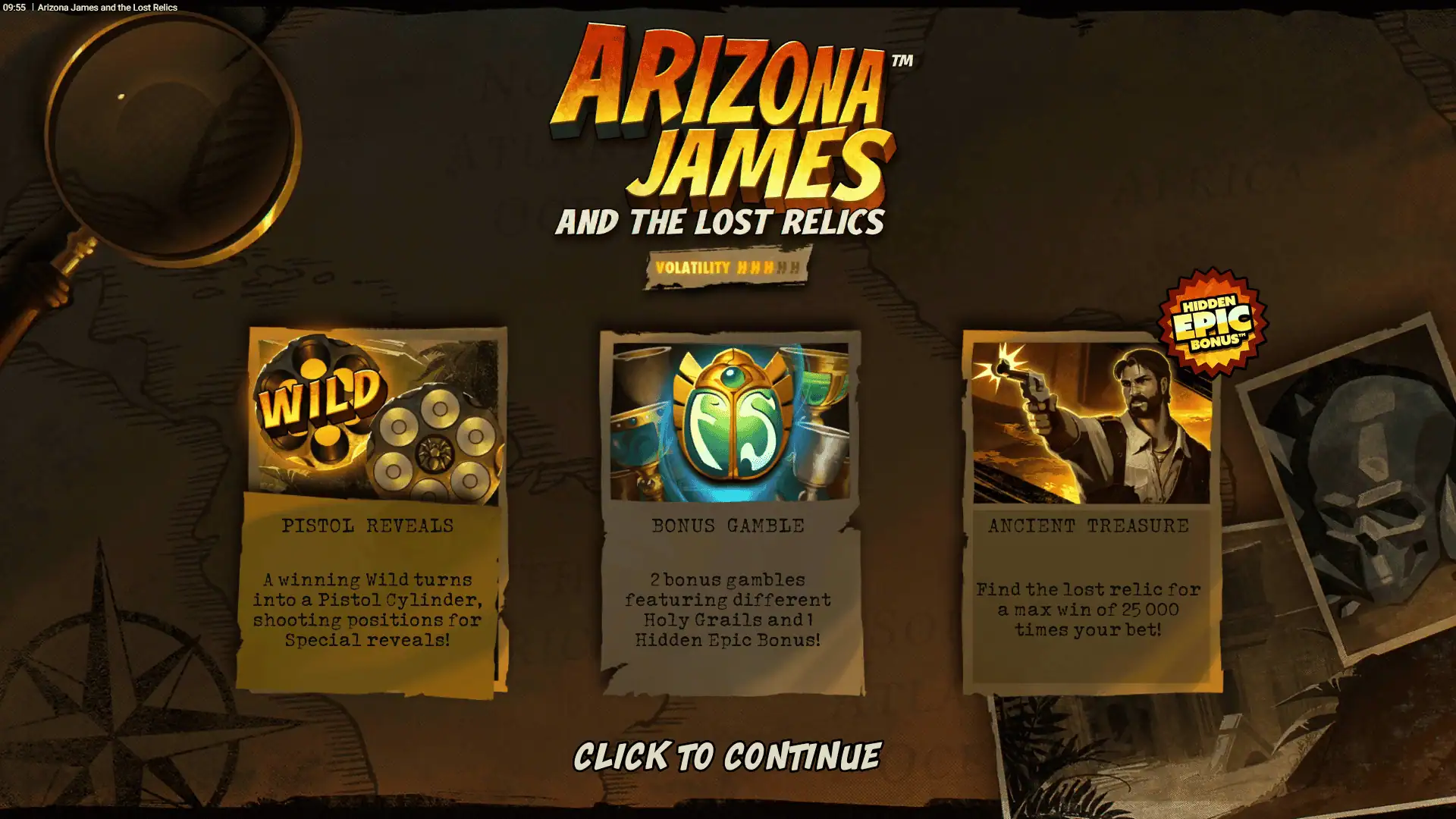 Arizona James and the Lost Relics slot intro screen