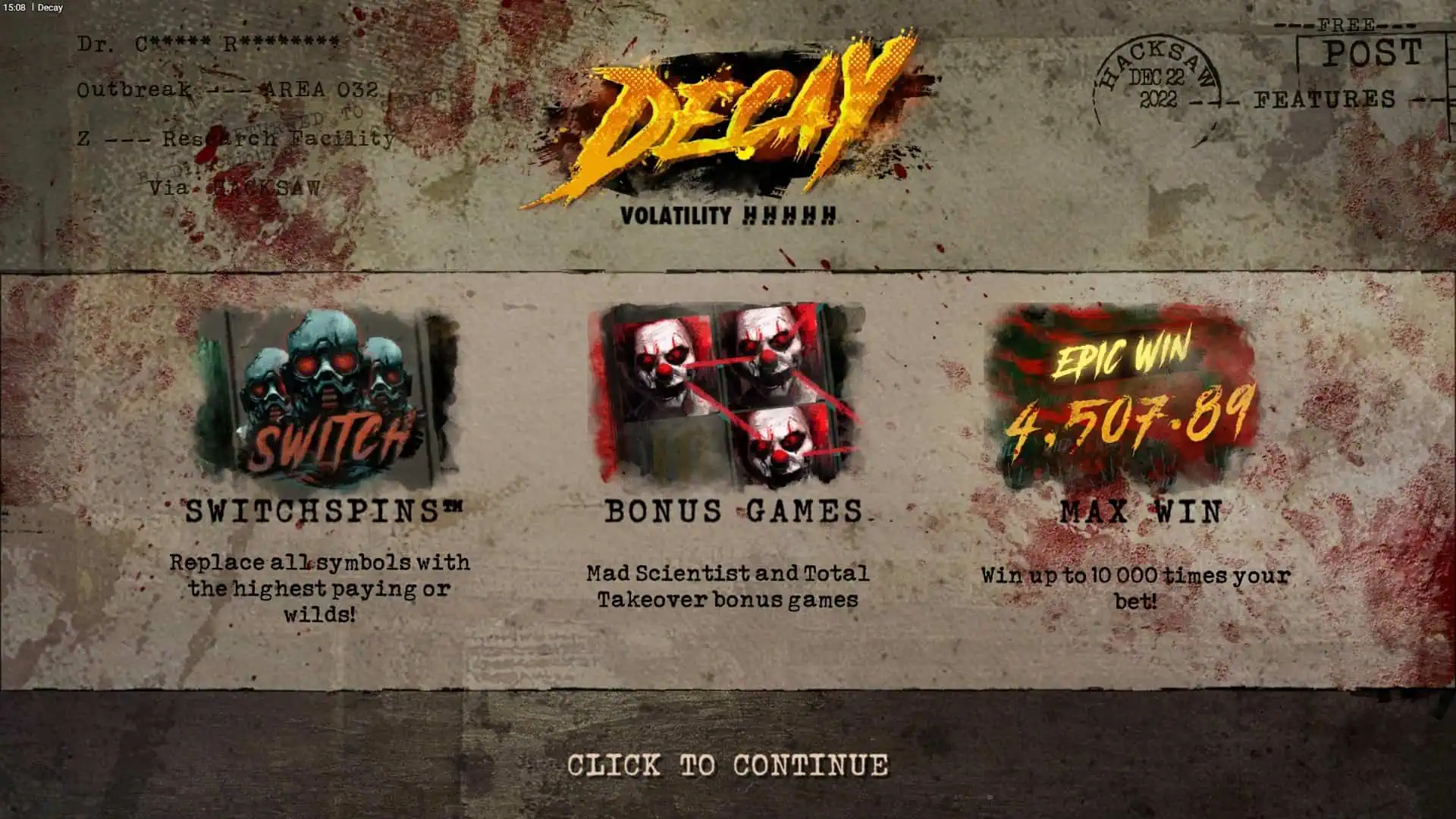 Decay slot intro screen