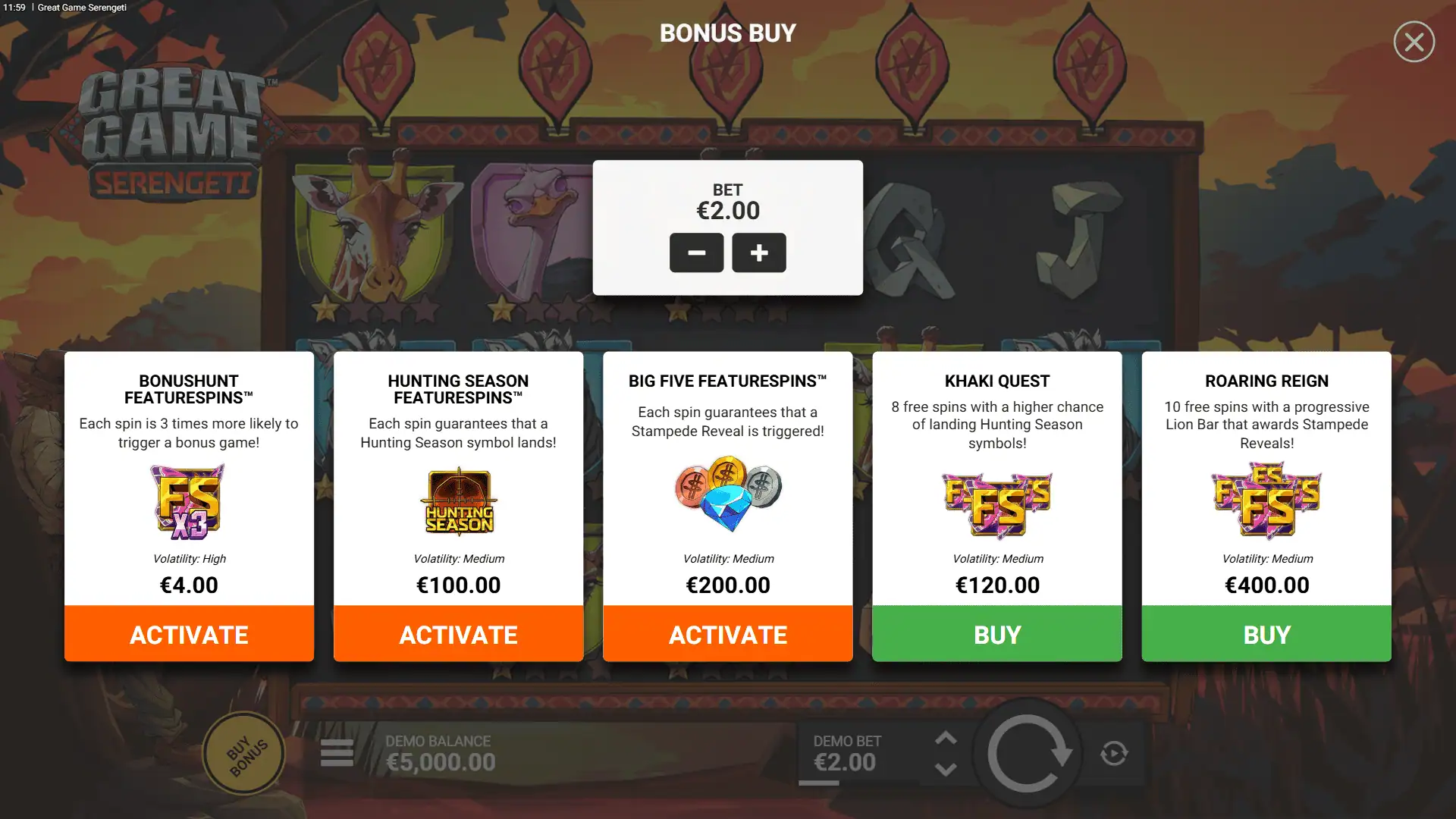 Great Game Serengeti bonus buy menu
