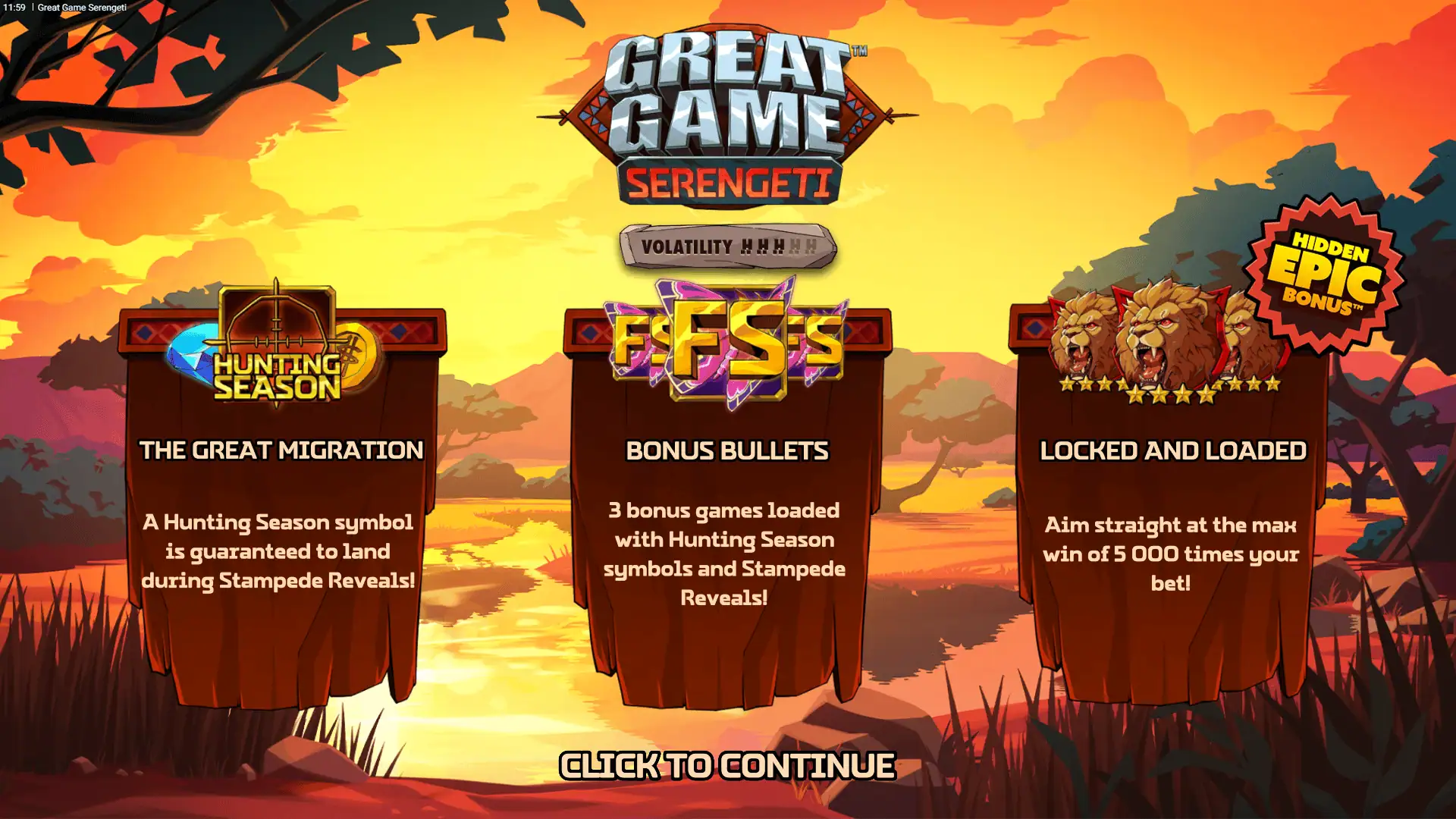 Great Game Serengeti slot intro screen