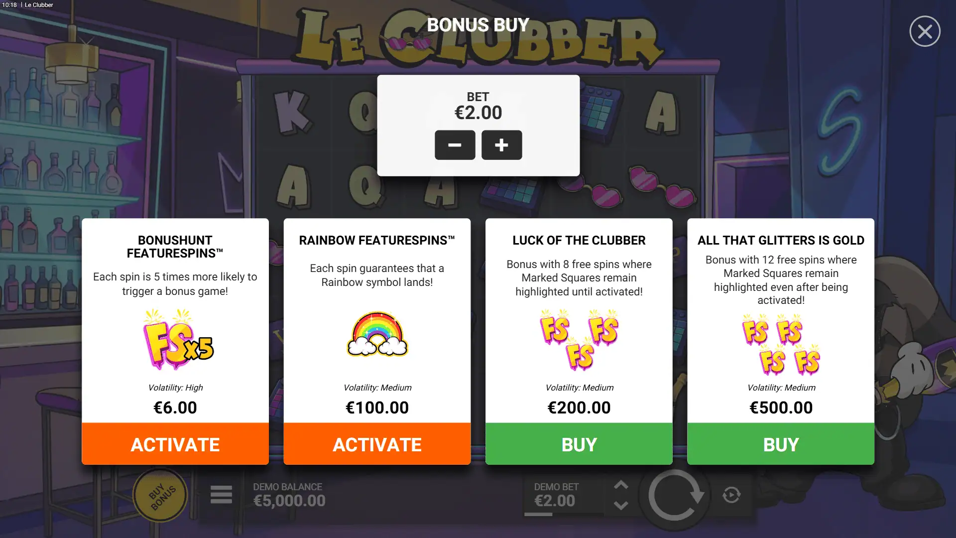 Le Clubber bonus buy menu