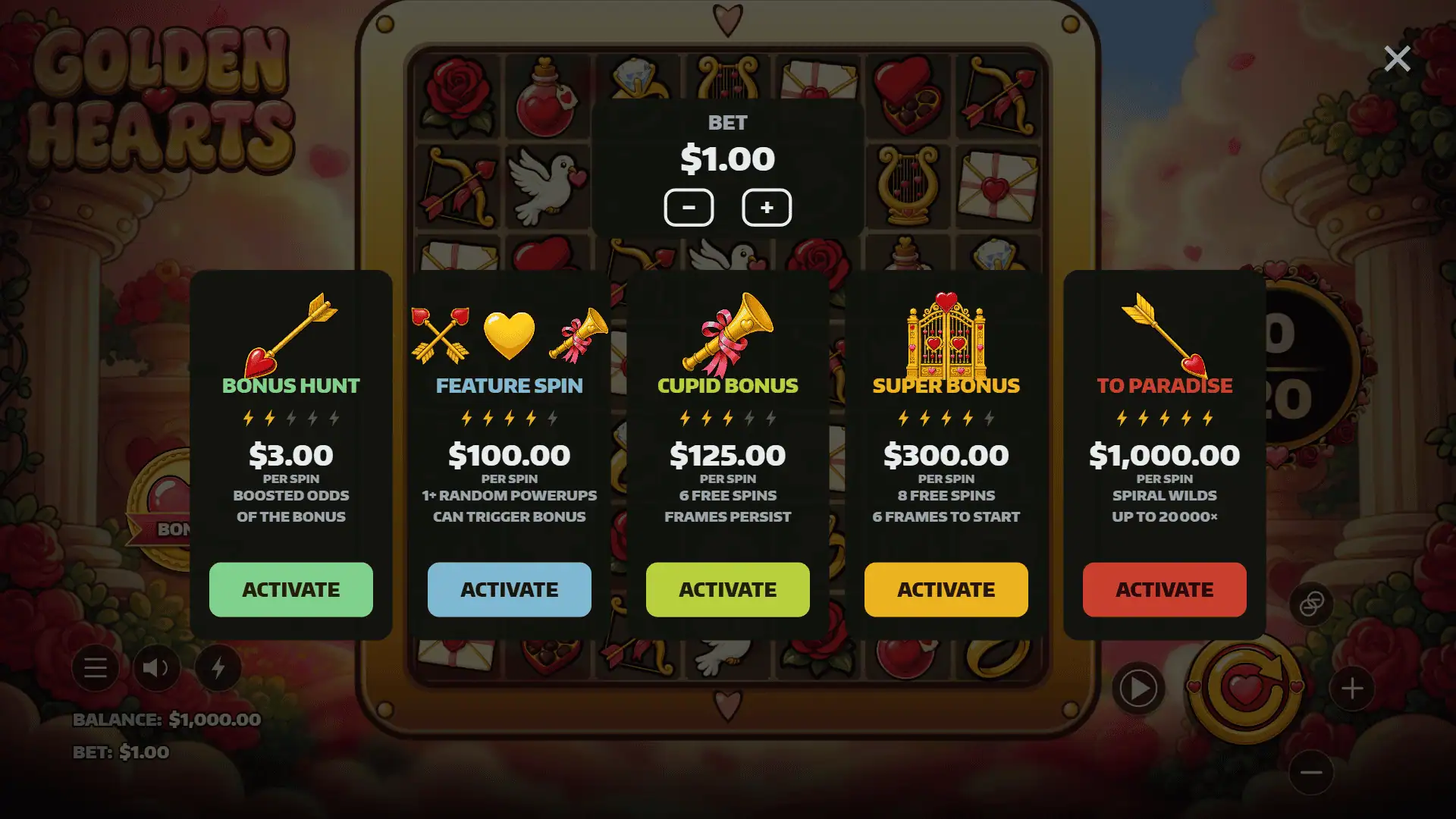 Golden Hearts bonus buy menu