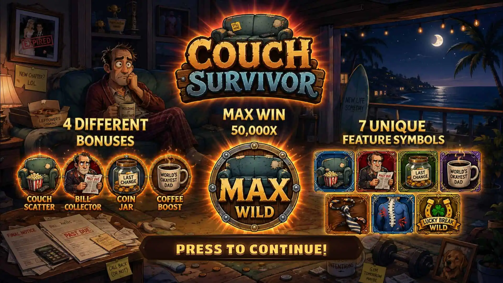 Couch Survivor slot intro screen