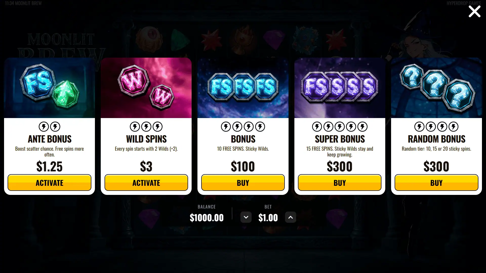 Moonlit Brew bonus buy menu