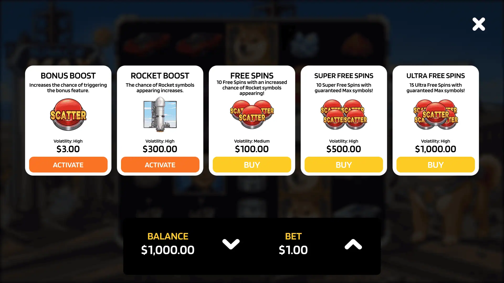 Space MAX bonus buy menu