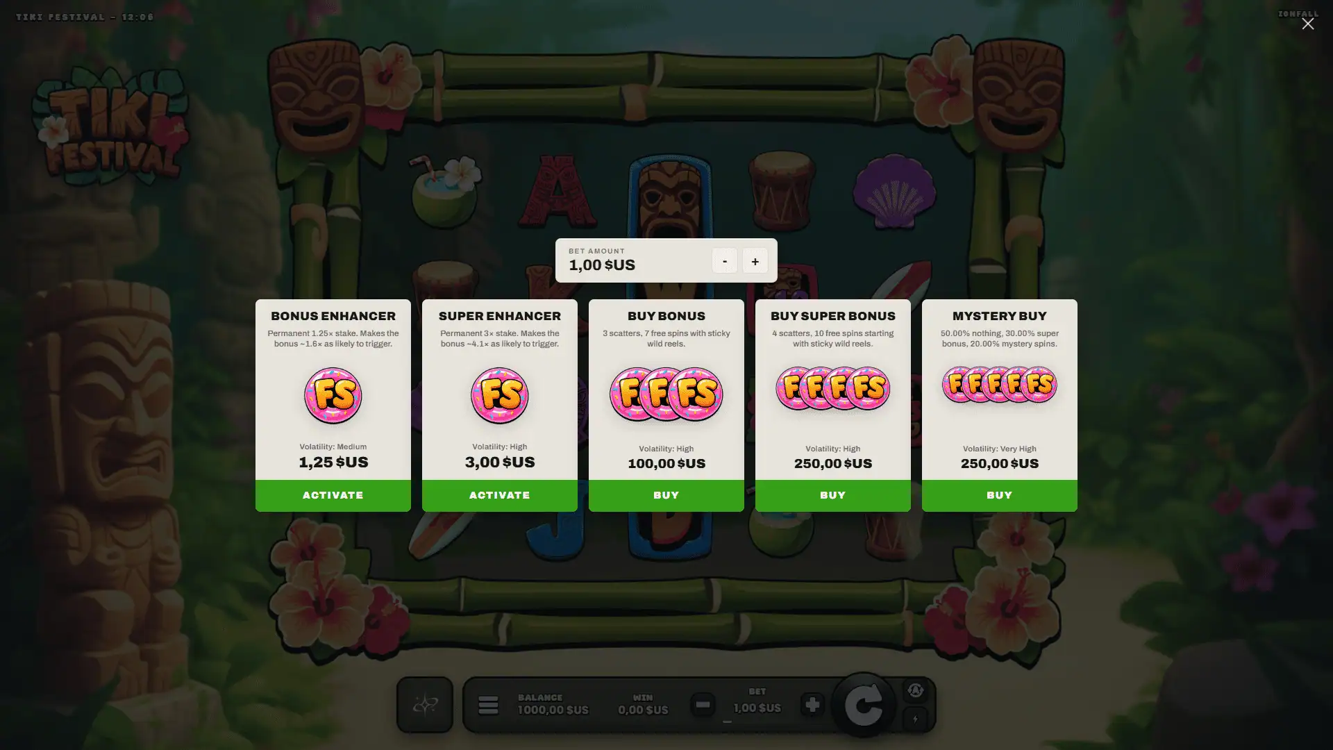 Tiki Festival bonus buy menu