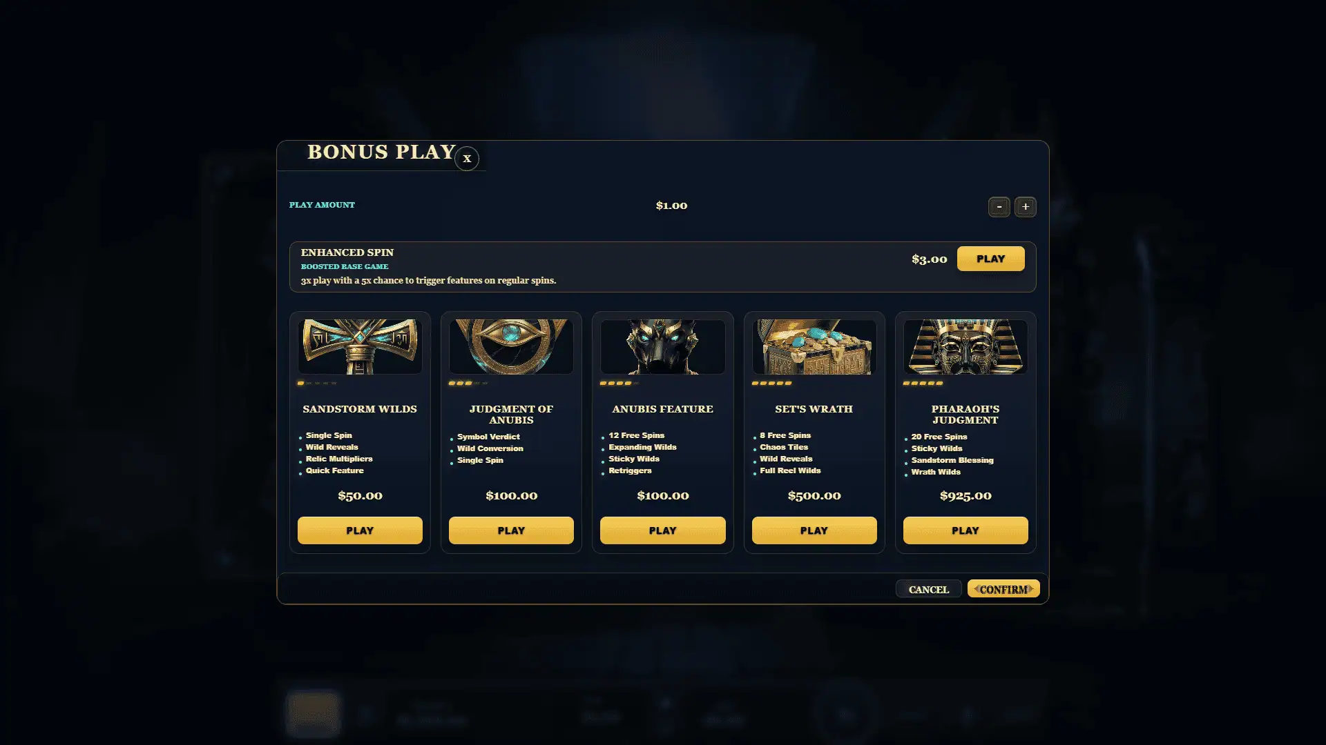 Wrath Of The Pharaoh bonus buy menu
