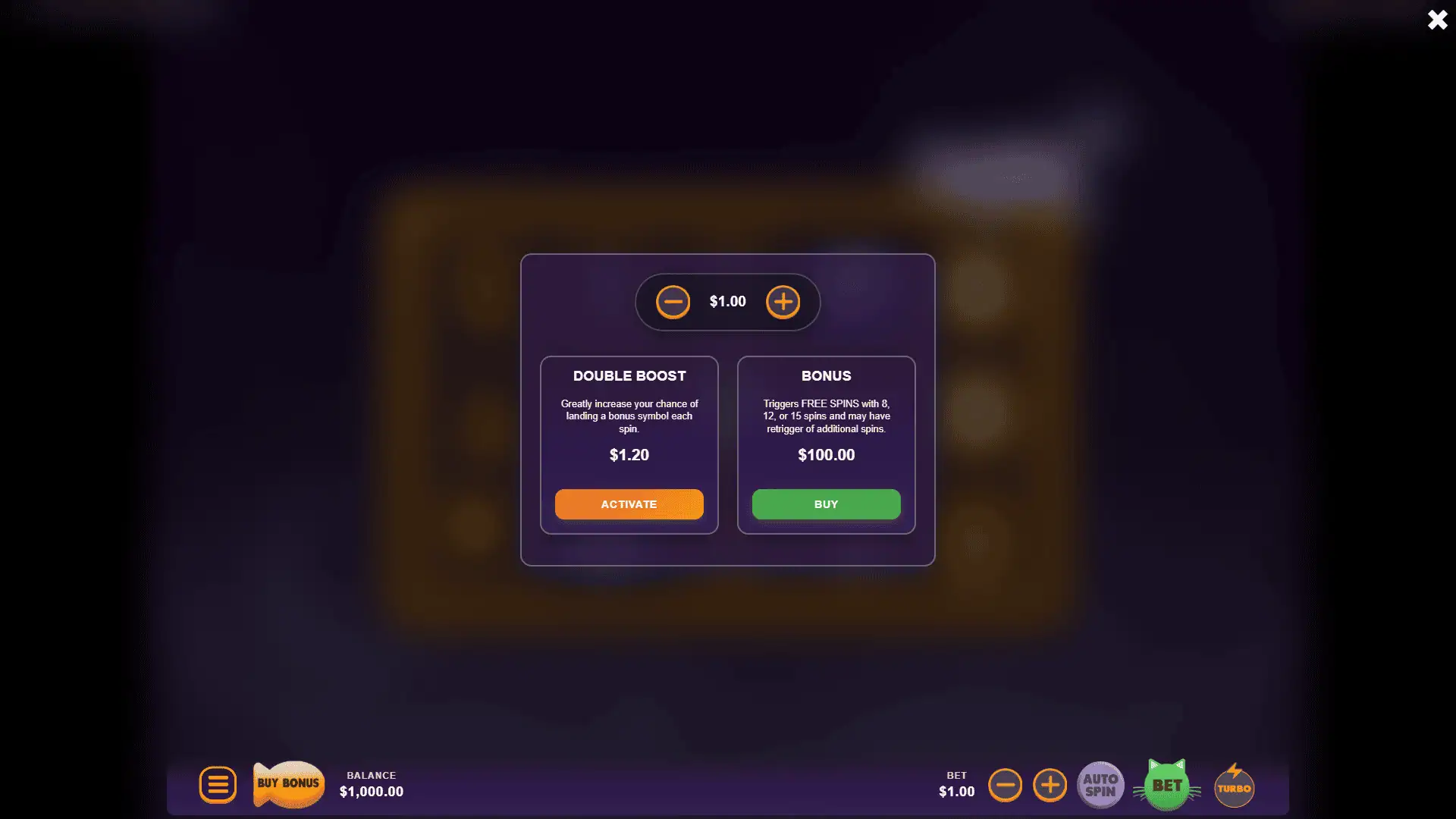 Feline Fortune bonus buy menu