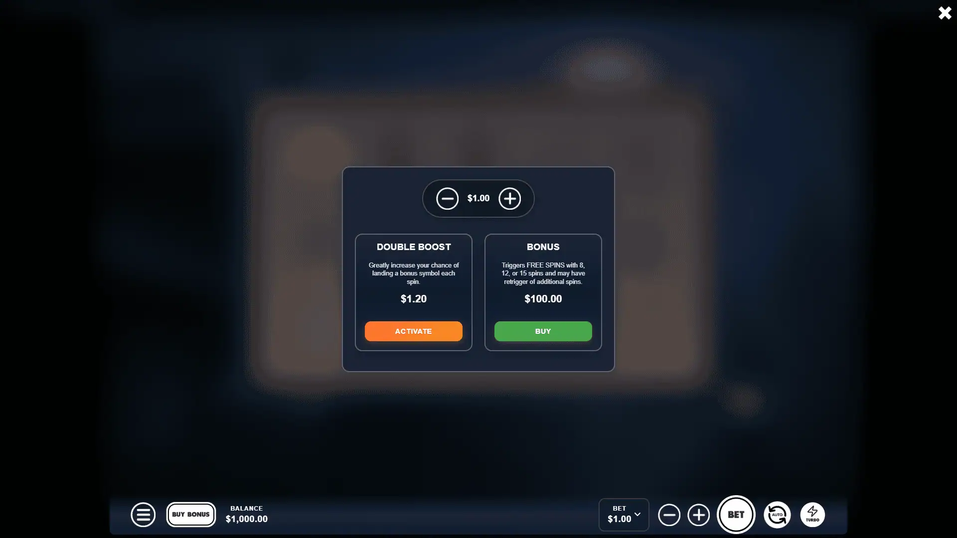 Spin Of Shadows bonus buy menu
