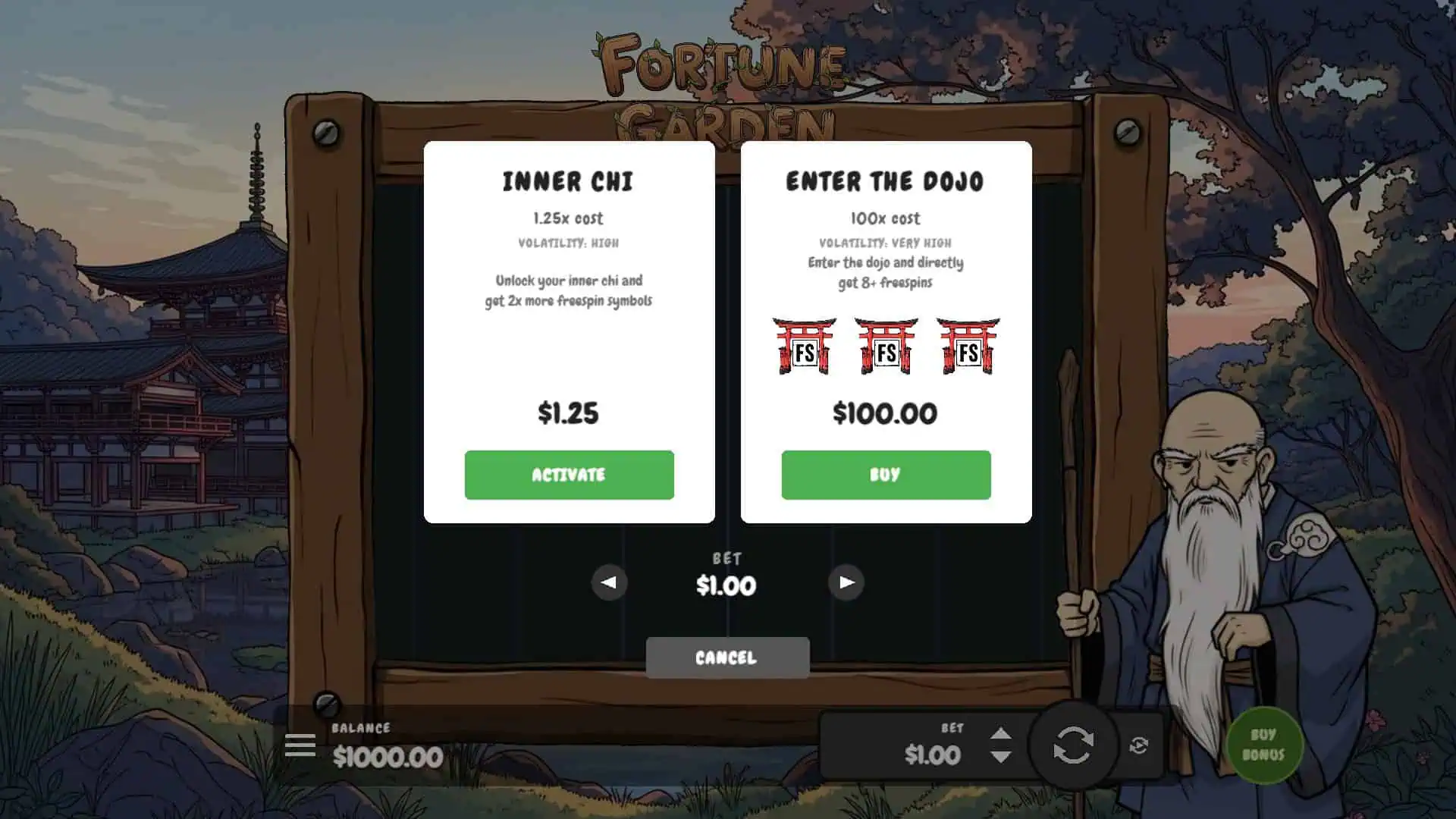 Fortune Garden bonus buy menu